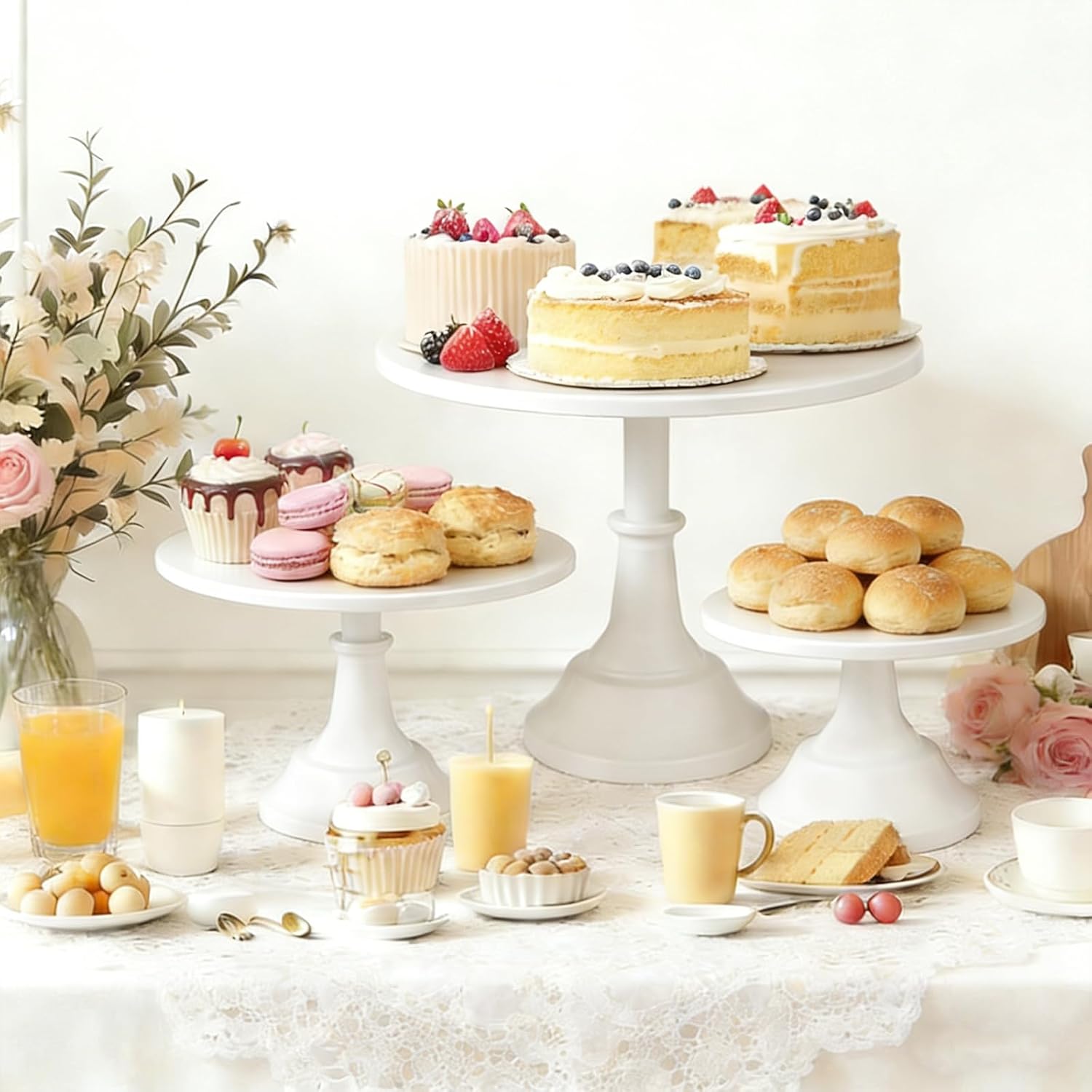 3 Piece White Cake Stand,8/10/12 Inch,Metal Round Cake Holder | Cake Stand Set,Dessert Display Stands,Table Decorations,Wedding,Birthday,Parties,Reusable,Washable,Easy Assemble
