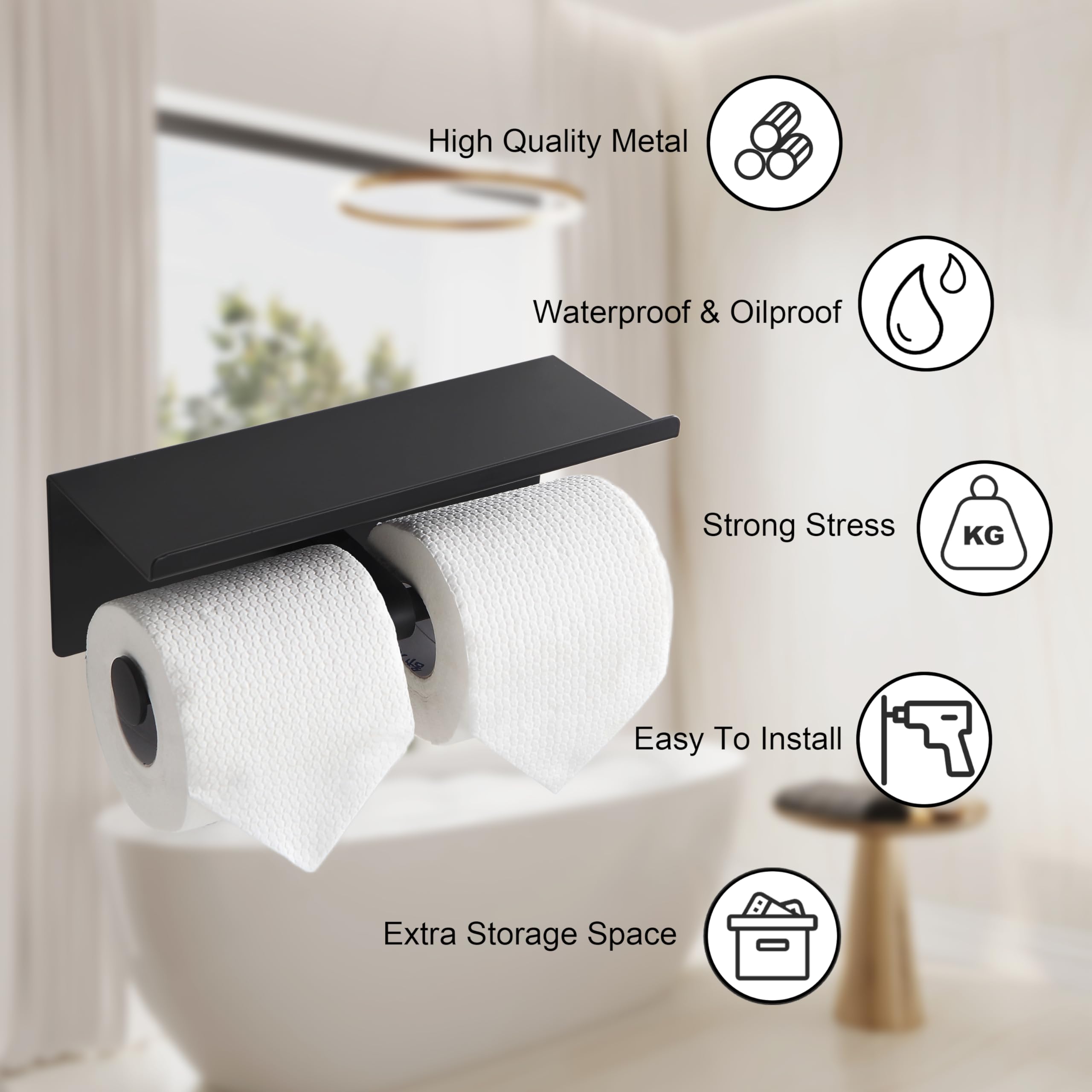 Porte-rouleau de papier toilette noir avec étagère murale pour salle de bain (noir, double tête