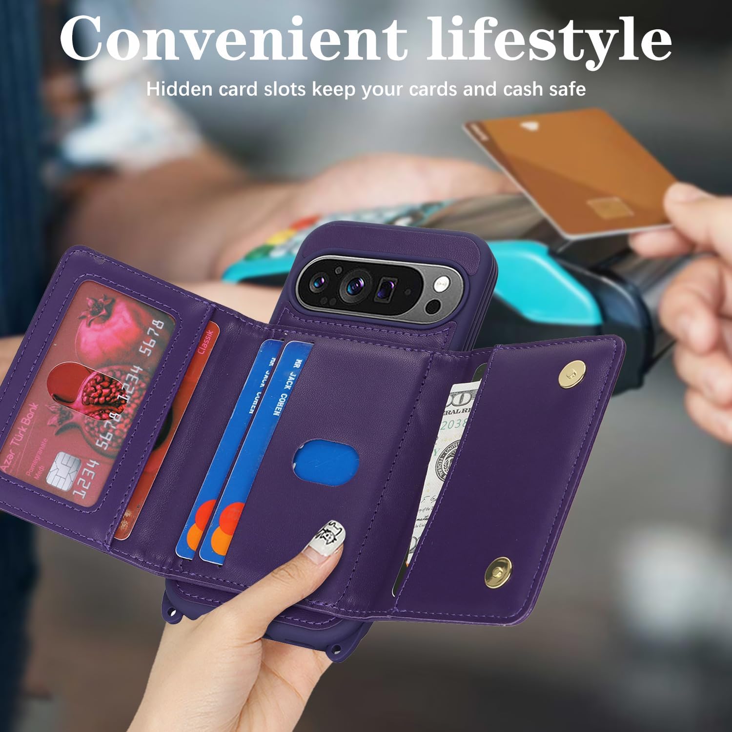 for Pixel 10/10 Pro Case with Card Holder and Strap for Women,Crossbody Lanyard, Make Up Mirror,Snap Clasp,Cute Phone Wallet Cases - Deep Purple