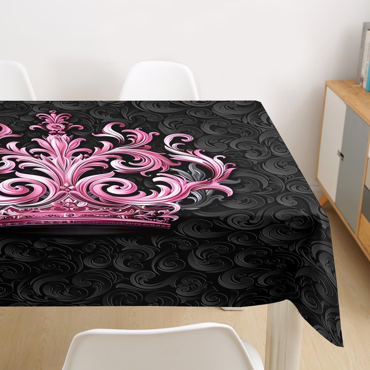 Pink Princess Crown Tablecloths,Abstract Damask Floral Print Table Cloth for Kids Girls Women Teens Kitchen Decor,European Baroque Style Table Accessories Luxury Black Table Cover,55"x94" image 2