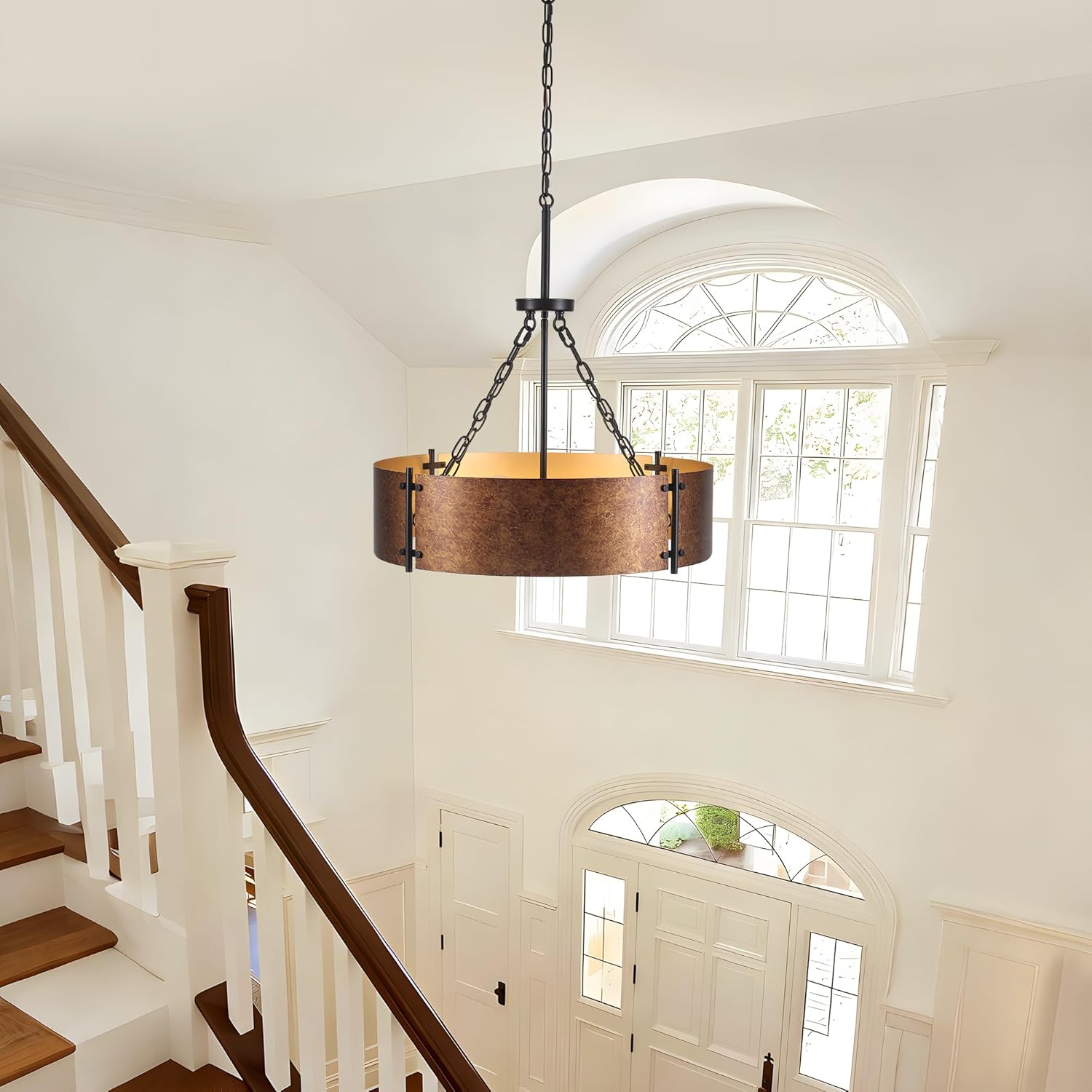 23.62" Modern Drum Chandelier 6-Light Gold Farmhouse Chandeliers for Dining Room Light Fixture Industrial Large Pendant Lighting Rustic Hanging Light Fixtures for Living Room Kitchen Entryway