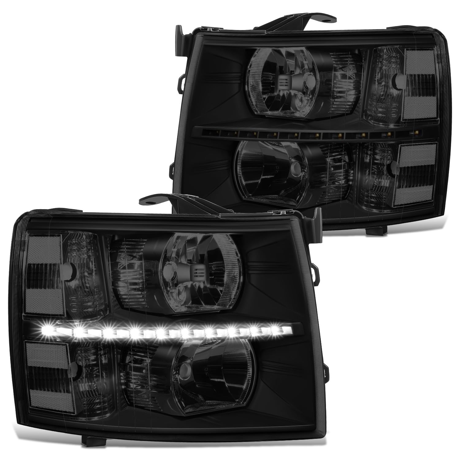 DNA MOTORING Pair LED DRL Headlights Compatible with 07-13 Chevy Silverado 1500 07-14 Silverado 2500 3500 HD, Black/Smoked/Clear, HL-LED-CSIL07-
