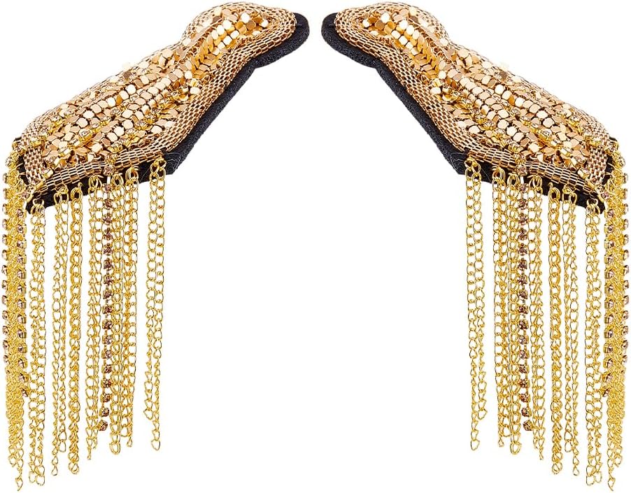SUPERFINDINGS 2Pcs Rhinestone Tassel Shoulder Epaulet Epaulet Chain Shoulder Badge Tassel Link Chain Epaulets for Jacket Blazer Uniform Men Women Gunmetal Golden