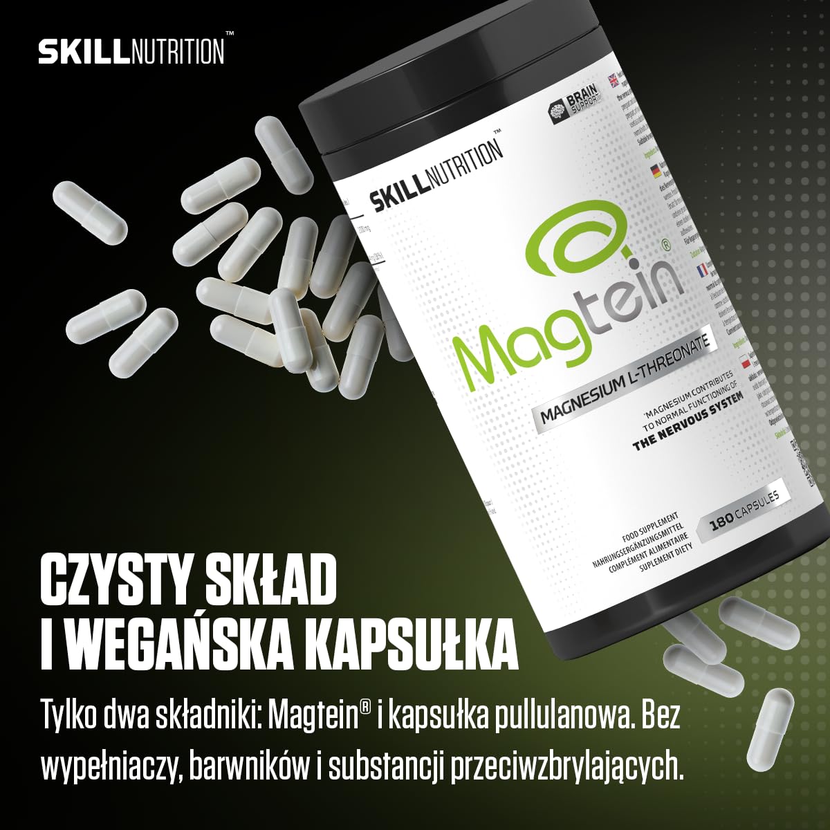 SKILL Nutrition Magtein® Magnez L-Treonian | 90 kapsułek | Klinicznie przebadana, wysoko biodostępna formuła | Wspiera koncentrację, pamięć i funkcje poznawcze | Mięśnie i elektrolity | Wegański