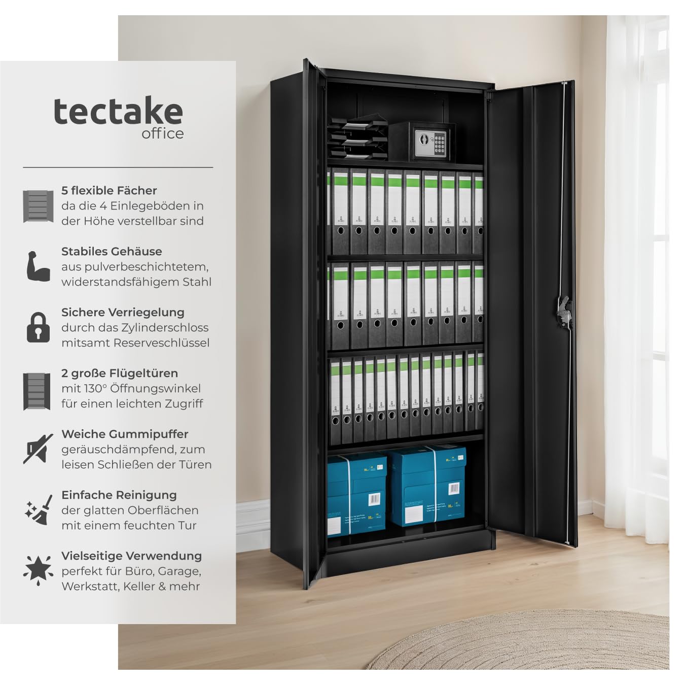 tectake® Aktenschrank, 180 x 90 x 40 cm, Büroschrank abschließbar, Mehrzweckschrank aus Stahl, Allzweckschrank, mit 2 Türen, Ink. 5 höhenverstellbare Einlegeböden, Aktenschrank abschließbar - schwarz