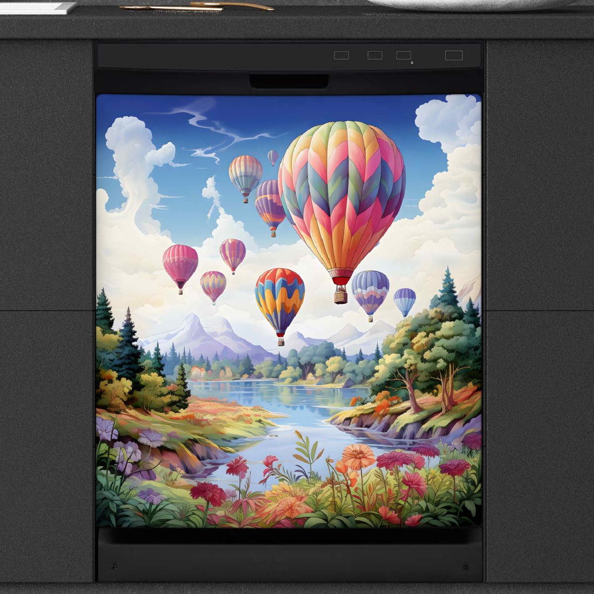 Cubierta magnética para lavavajillas Mexpekil que oculta arañazos con diseño de bosque y globos 8