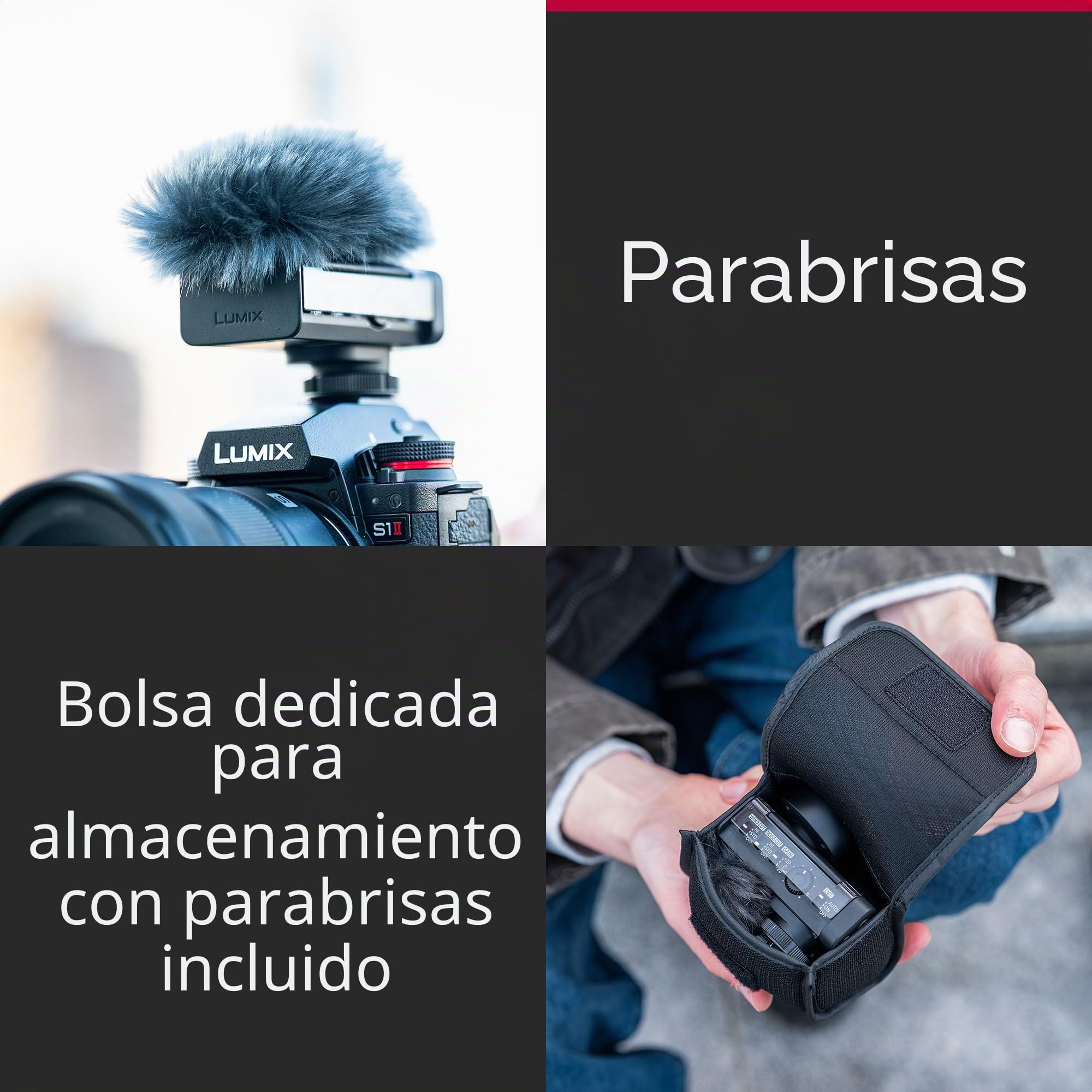 Panasonic Lumix DMS1 Micrófono de Escopeta Digital, Float 32 bits, Audio 4 Canales, 6 Modos direccionales, inalámbrico, reducción de Viento y Vibraciones, con Funda Inteligente.