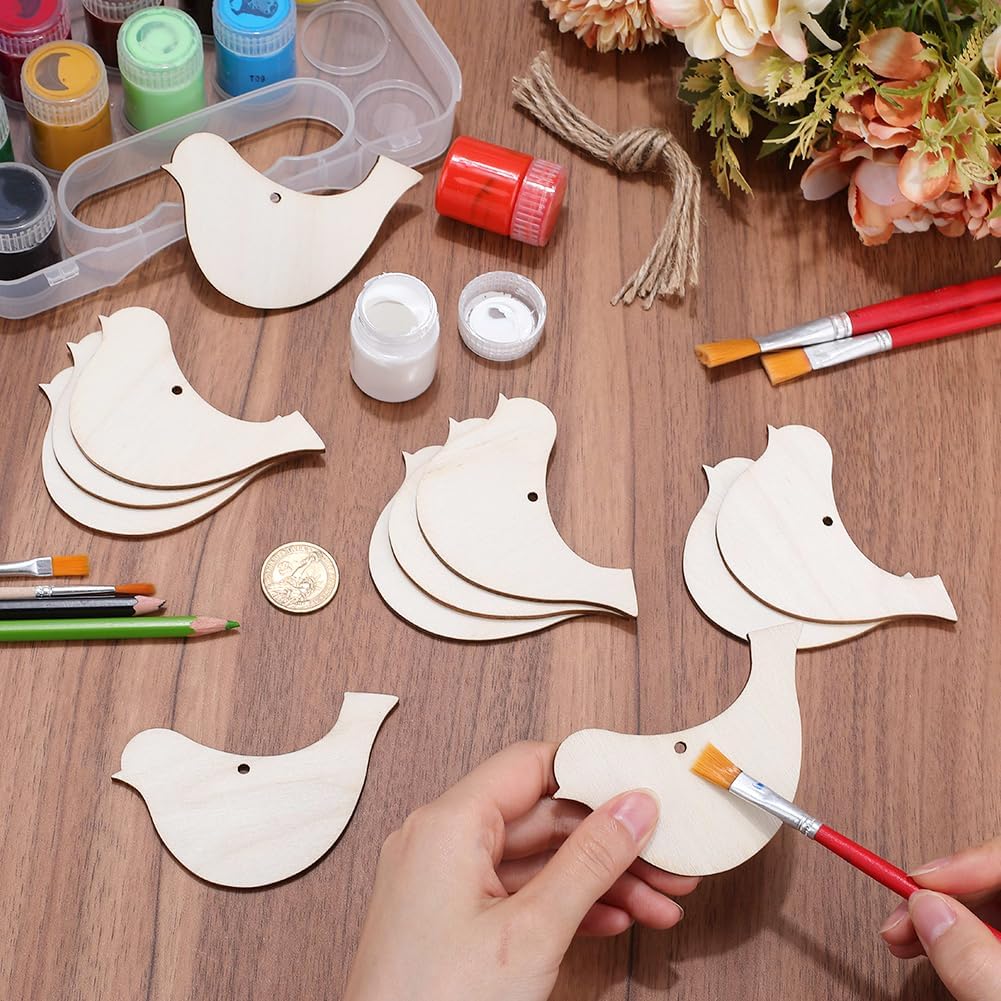 GORGECRAFT 2 Sets Wood Bird Cutout Beige Wooden Bird Ornaments Hanging Blank Slices Embellishments with Hole and Cord Wooden Animal Pieces Decor for Wedding Birthday Christmas Tree Wall DIY Decoration