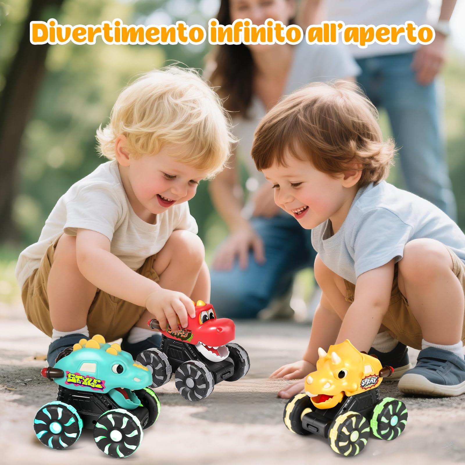 MOONTOY 3 Pezzi Dinosauro Giocattolo con Luci, Monster Truck Press and Go, Macchinina Bambino 1 Anno, Regalo di Compleanno e Natale per Bambini e Bambine 1 2 3 Anni