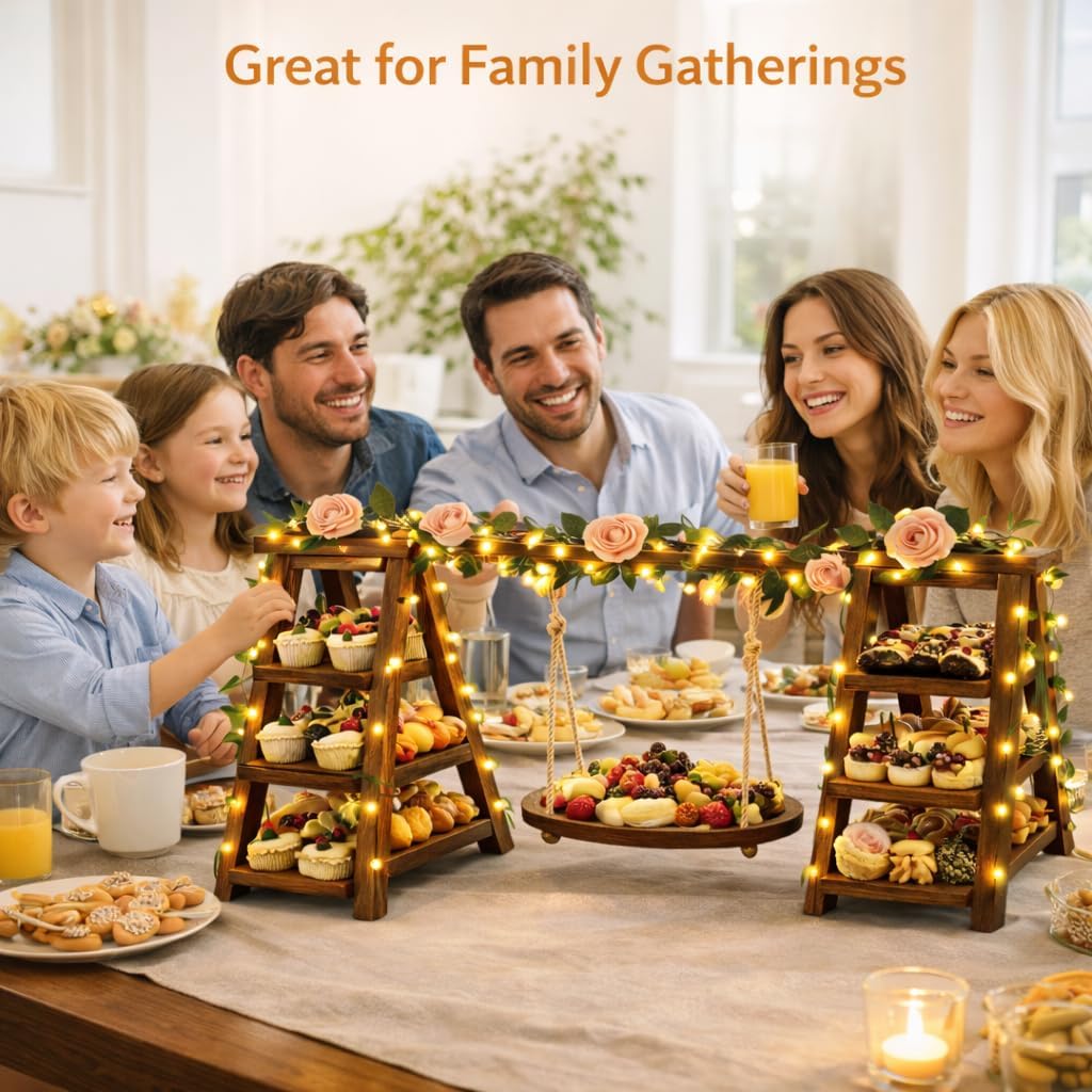 3 Tier Wooden Cupcake Stand with Swing and Flower Decoration, Dark Brown Natural Wood Dessert Swing Display Serving Set with Removable Trays, Rustic Wedding & Party Dessert Stand