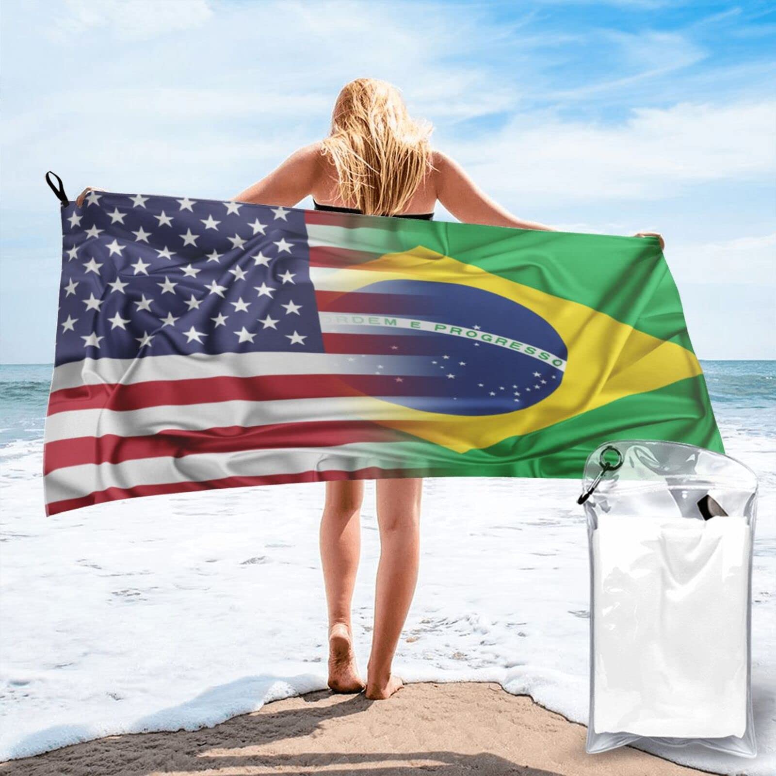 Lawenp USA Brazil Flag Microfiber Beach Towel Adults Large Quick Drying Bath Towel Travel Towels with Pouch 27.5"x55"