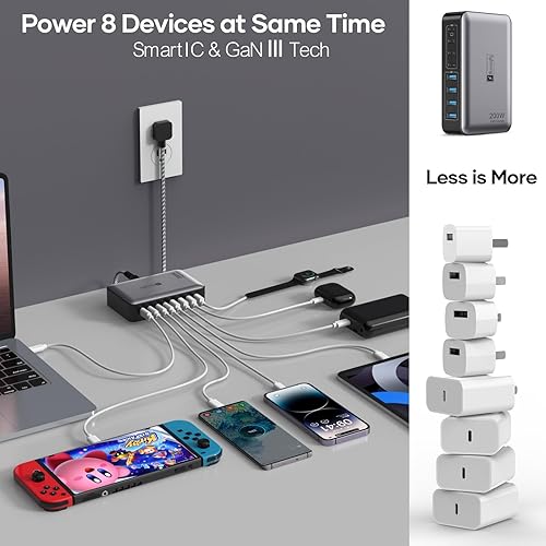 Miniatura 6 de Bloque de carga rápida USB C de 200 W, estación de carga de 8 puertos para iPhoneiPadMacBook, caja de cargador 4C4A GaN, cargadores múltiples de