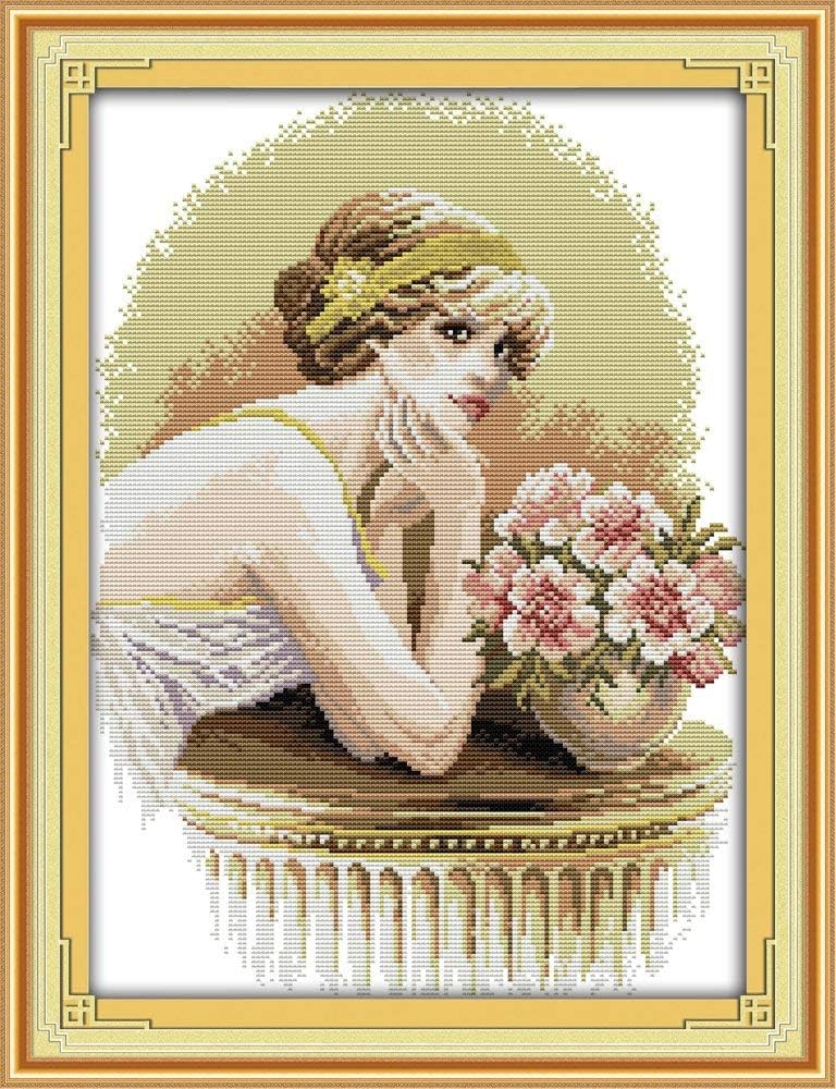 Happy Forever Cross Stitch Kits 11CT Stamped Patterns for Kids and Adults, Preprinted Embroidery kit for Beginner, Elegant Ladies (R476 Fashion Lady, Size 21''x22'')