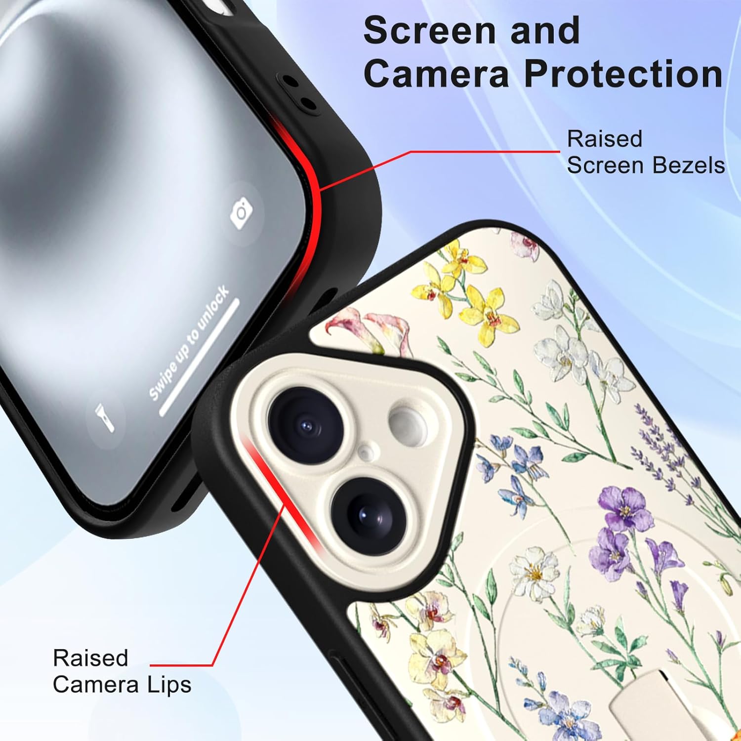 MOWIME Magnetic for iPhone 16 Case with Finger Strap Kickstand, Compatible with Magsafe, Cute Floral Flower Pattern Design Phone Case for Women Girls Full Camera Protection Cover, White