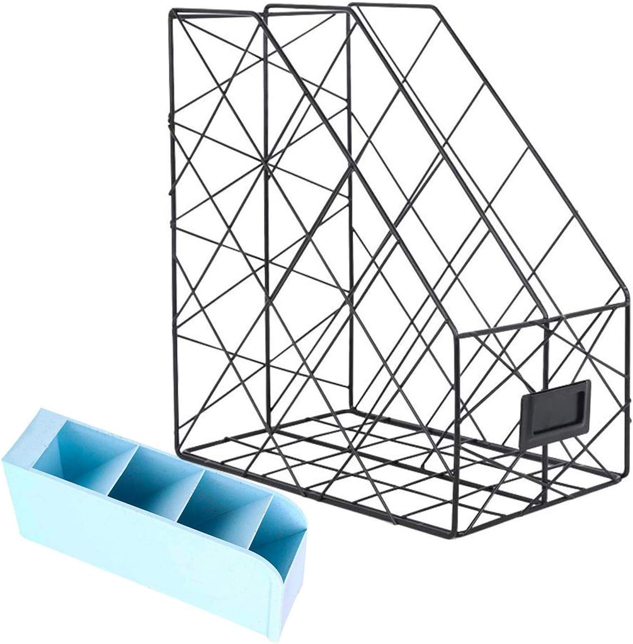 GBYAN 2-Slot Magazine File Holder with Pencil Cup Desktop Document Organizer Wire Metal File Rack for Office and Home, 2 Pack