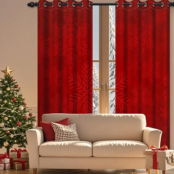 Red Christmas Blackout Curtains for Bedroom Living Room 84 inch Length 2 Panels Set, Xmas Snowflake Room Darkening Curtains Winter Holiday Thermal Insulated Curtains Window Drapes 52Wx84L