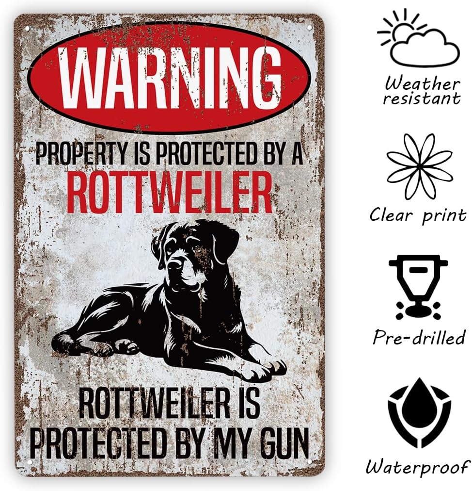 Vintage Metal Tin Signs, Beware of Dog, Property Protected by Rottweiler, Great Gift for Rottweiler Lovers, Funny Metal Beware of Dog Signs, Courtyard Porch Decor, Funny Yard Sign, 11.8 * 7.9Inch image 3
