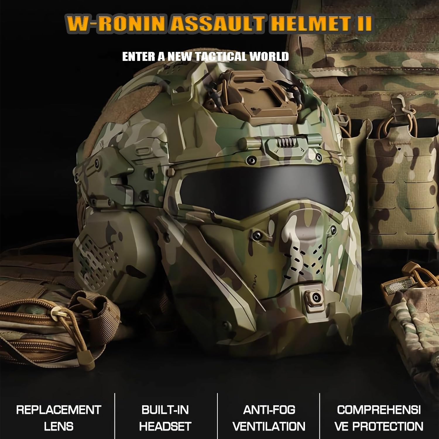 Airsoft Paintball Tactical Helmet with Full Face Protective Mask Built-in HD Headset and Anti-Fog Fan Adjustable Outdoor Military Gear