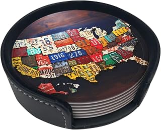 (License Plate Map) Printed Leather Coaster Set of 6 with Holder, Round Heat-Resistant Drinks Coffee Decorative Coaster for Living Room Kitchen Office Table. 3.9 Inch