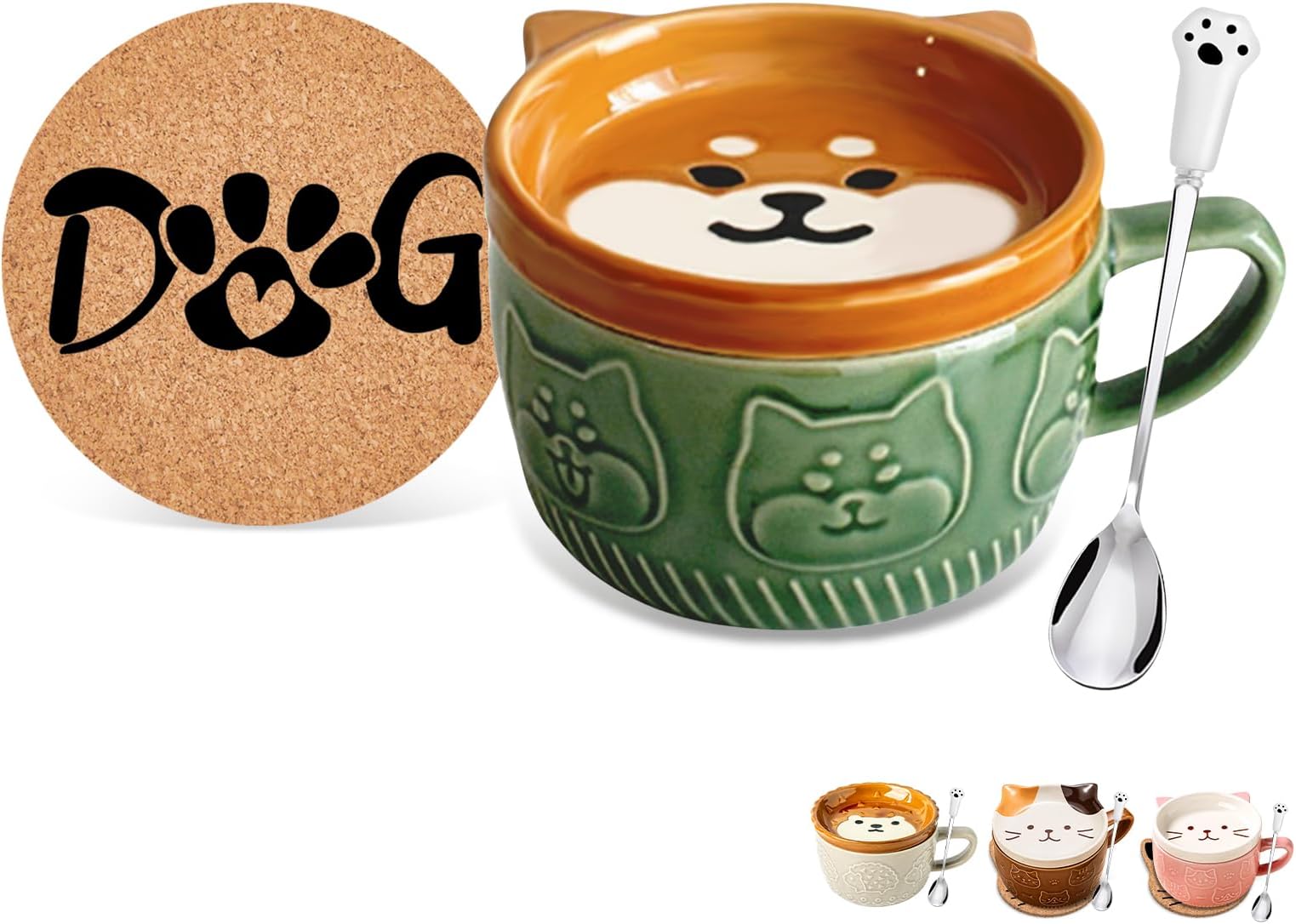 Gifts for Women Her Cute Kawaii Dog Coffee Mugs with Lids,Christmas Birthday Presents for Girls Friend Kids Men Wife Mum Grandma Teacher,Novelty Animal Coffee Ceramic Tea Cup Dessert Saucer Set