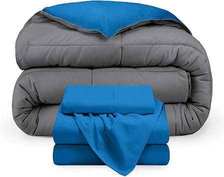 Bare Home Reversible Bed-in-A-Bag Comforter & Sheet Set - Twin - Down Alternative - Soft - Bedding Set Twin, Medium Blue/Grey, Medium Blue