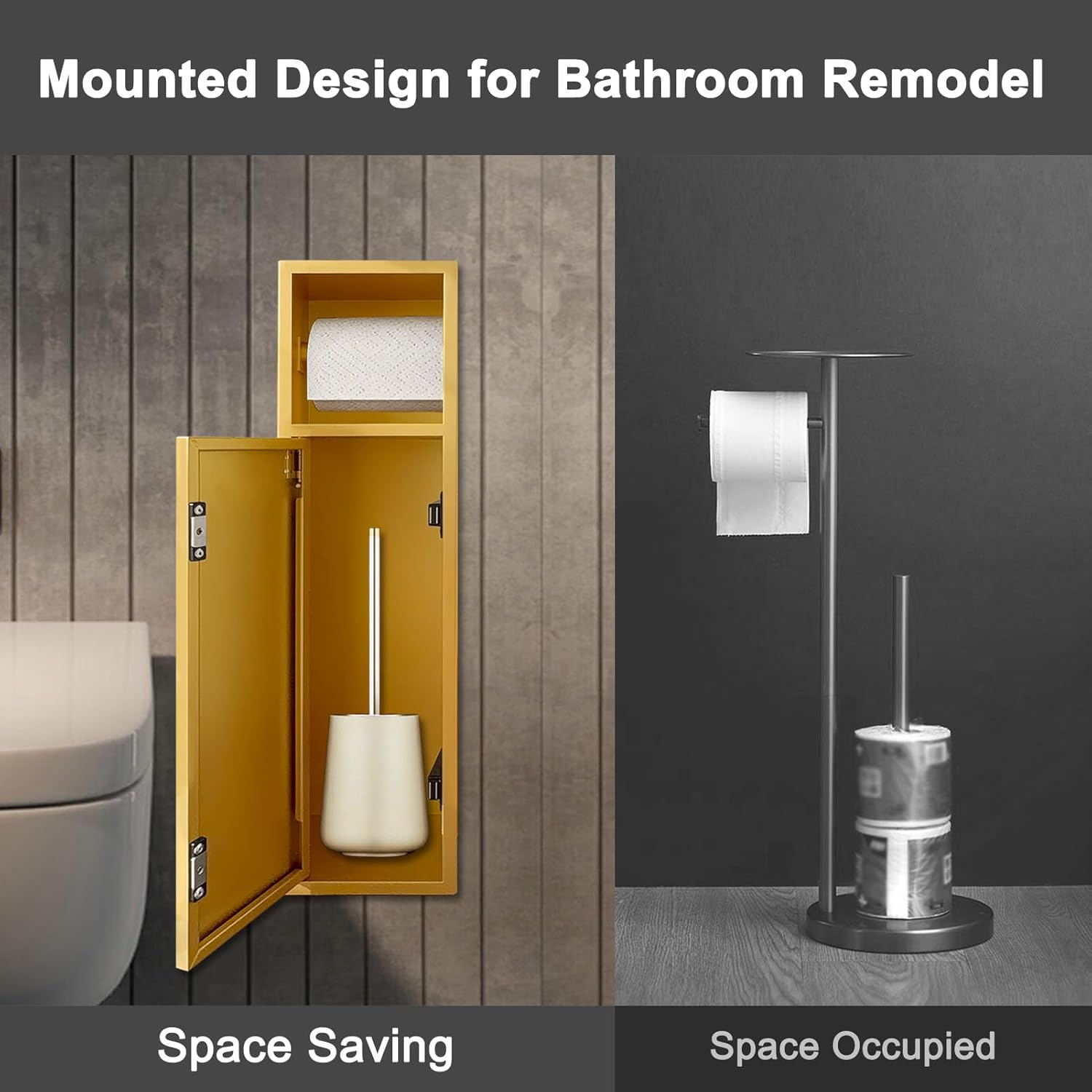 OKYSHDF Recessed Toilet Paper Holder, in Wall Toilet Brush Holder with Storage, Stainless Steel Tissue Paper Roll Dispenser for Bathroom Remodel Kitchen Hotel (Gold, 6.3″x4.9″x23.6″)