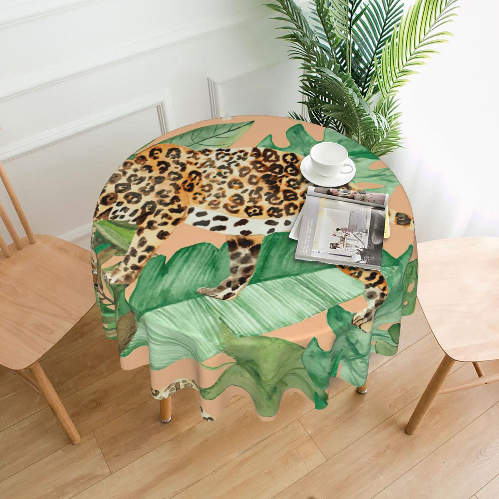 SDEGTHO Leopard And Palm Leaves Print Modern Retro Round Tablecloth 60in Polyester Fabric Cover for Party Dining Table Washable