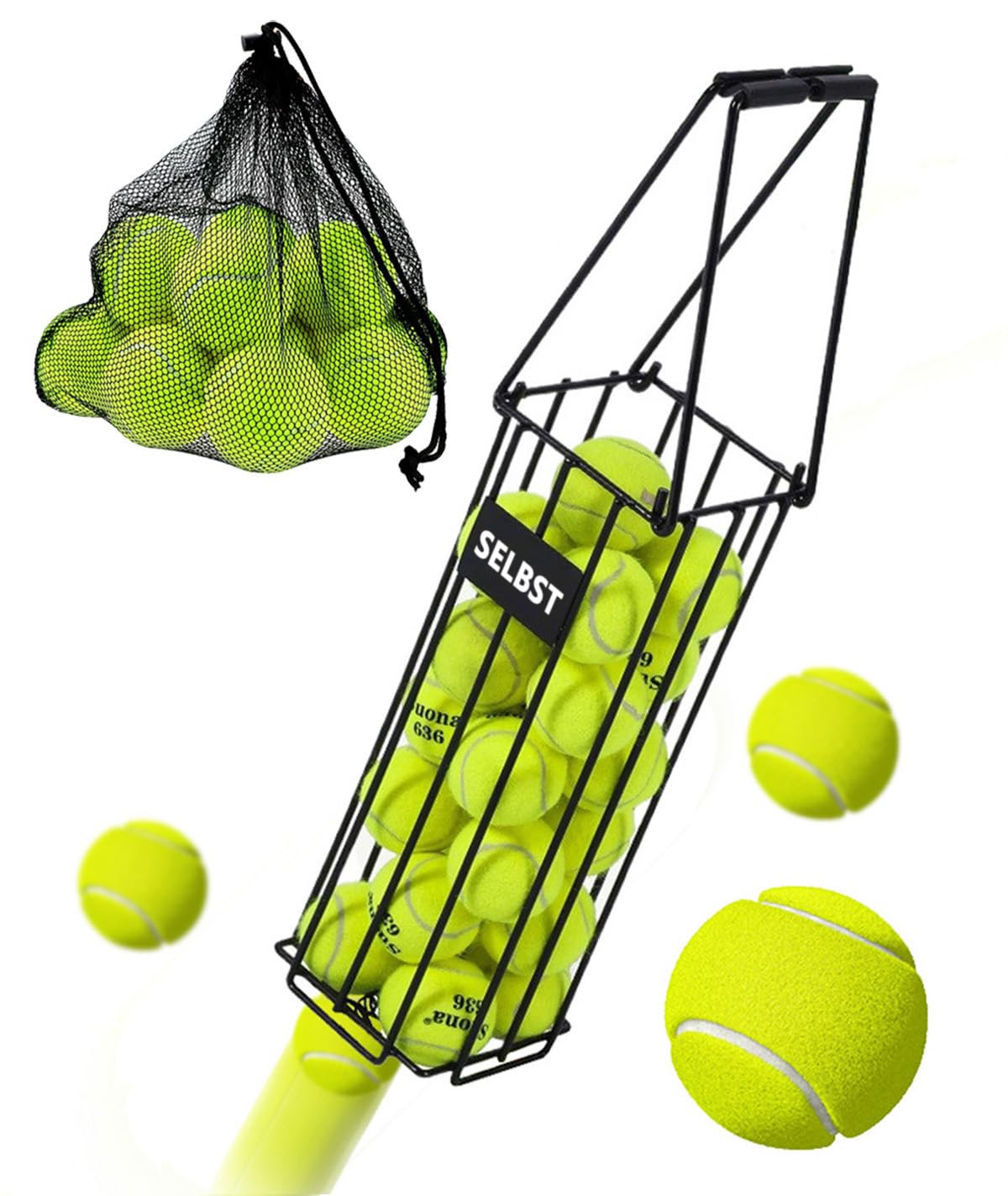 Selbst Tennis Ball Hopper, Portable Basket Pickleball Collector with Tennis Balls 12PCS - Large Capacity Carrier Picker Upper Caddy