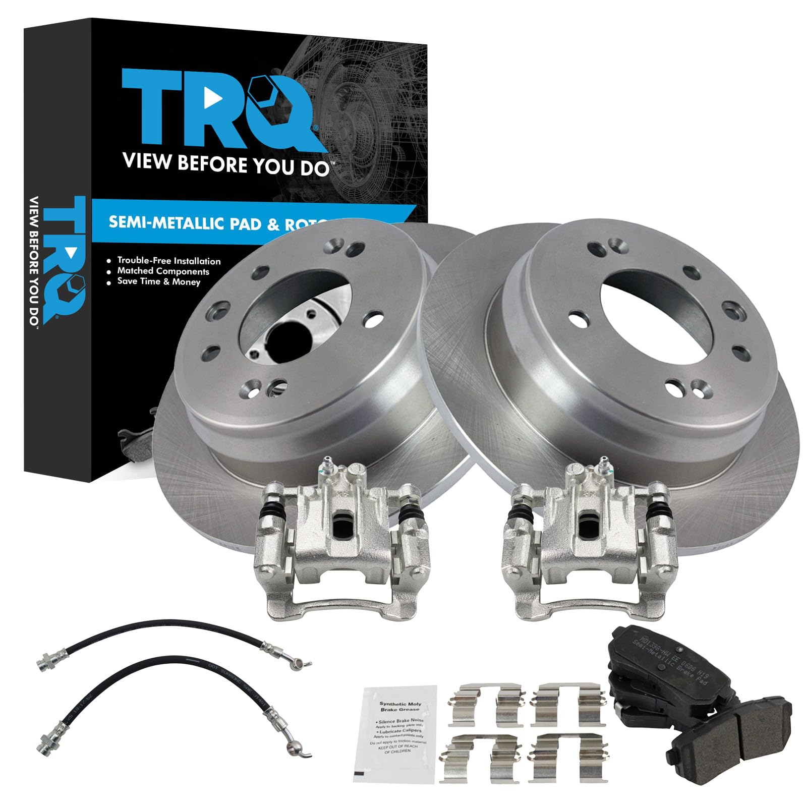 TRQ Rear Brake Pad and Rotor Set Semi Metallic Calipers Compatible with 2010-2015 Hyundai Tucson 2011-2016 Kia Sportage