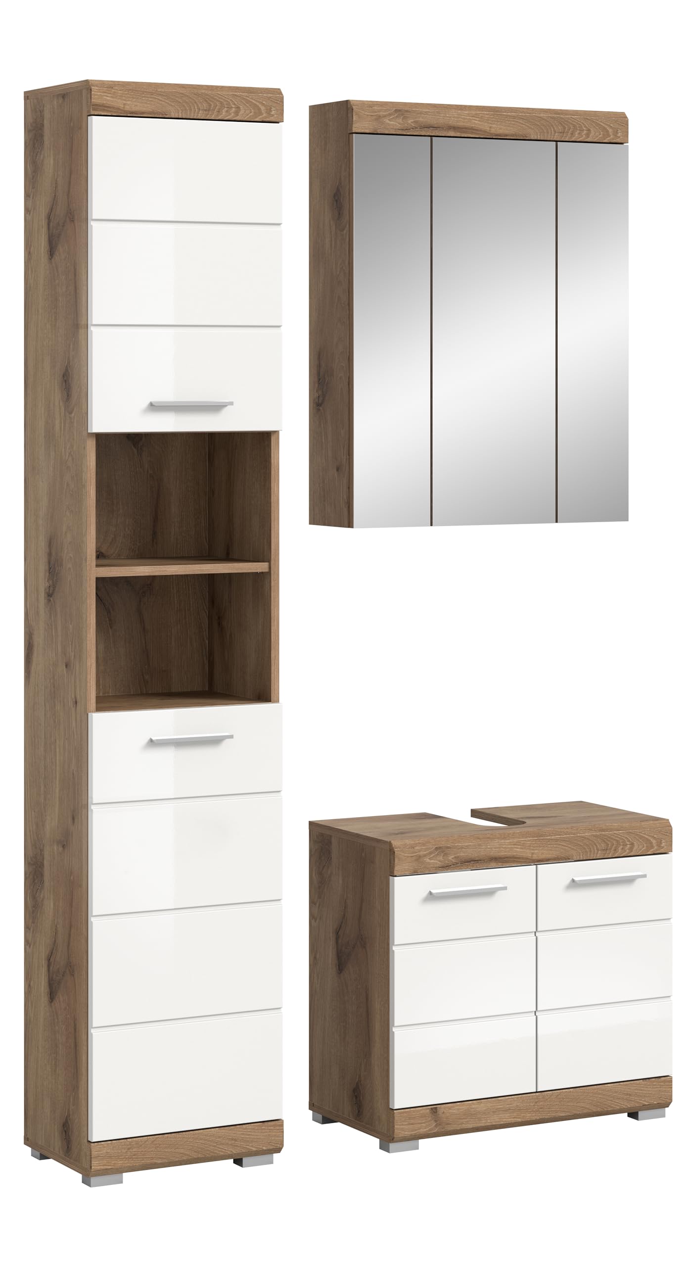 Badmöbel-Set Wave 3-tlg. – weiß Hochglanz mit Nox Oak Nachbildung