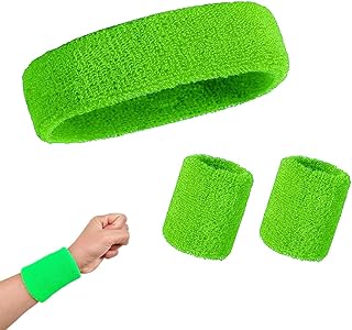 3 Pcs Green Headband and Wristbands Sweatbands Set 80s hair accessories Green sweat band 80s Headband for Women Girls Gym ...