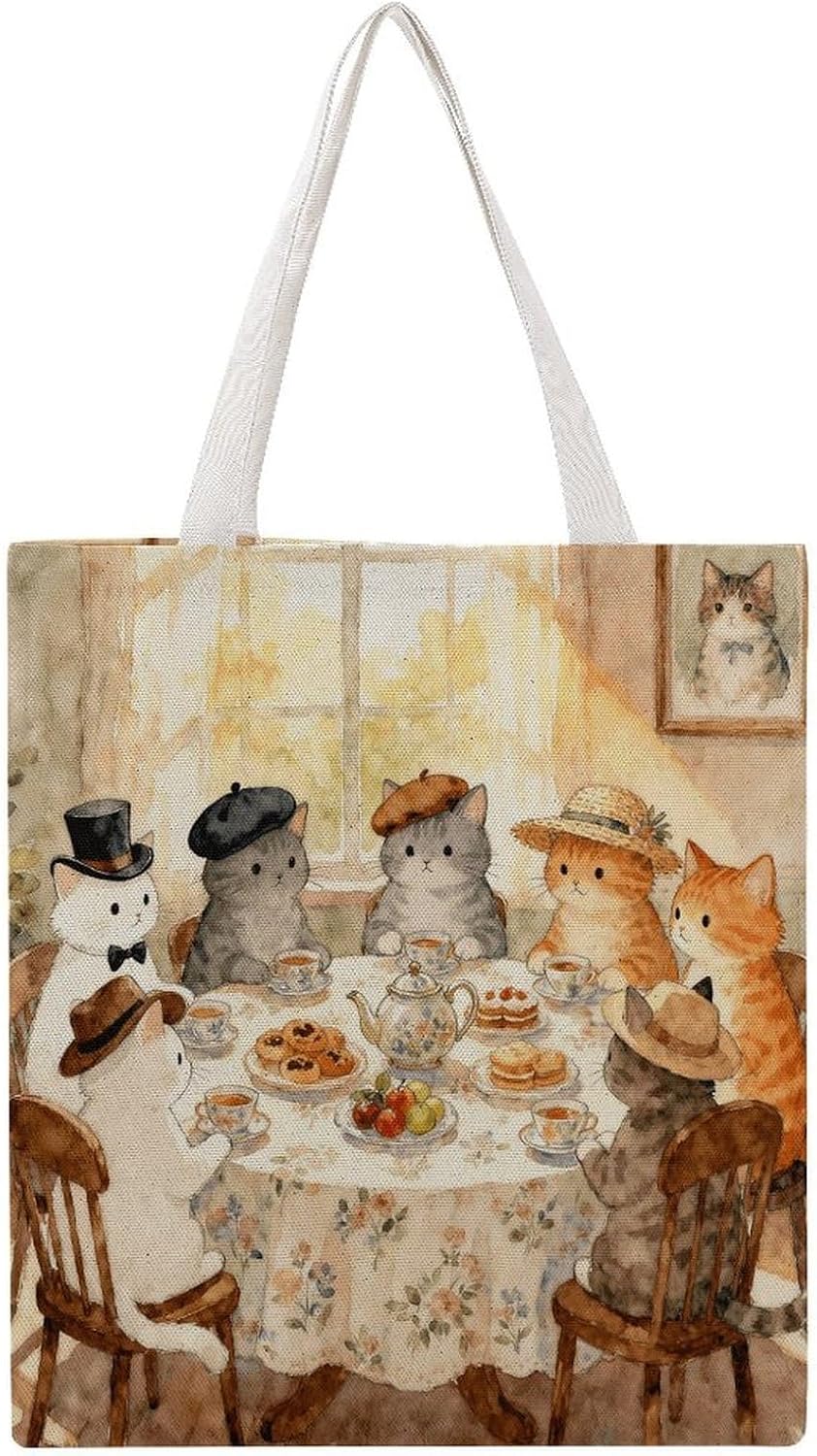 Hatted Cats Tea Party Canvas Tote Bag Reusable Grocery Bags Foldable Soft Cotton Shoulder Carry Bag
