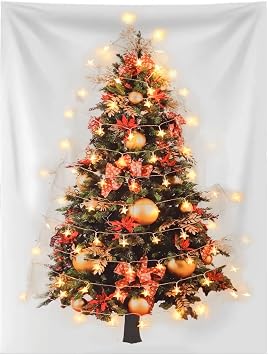 Eimilaly Christmas Tree Tapestry with Lights, Flannel Tapestry Wall Hanging Tapestries Bow Christmas Tree for Xmas Decor, Birthday and Room Decor etc, 60x40in/Warm White/NEW