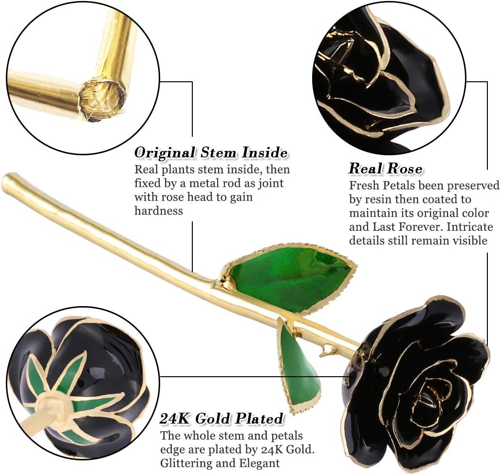 24K Gold Plated Black Rose, Forever Preserved Real Rose Lover Mom Wife Daughter Girl Friend (Black Rose with Stand) - Image 2