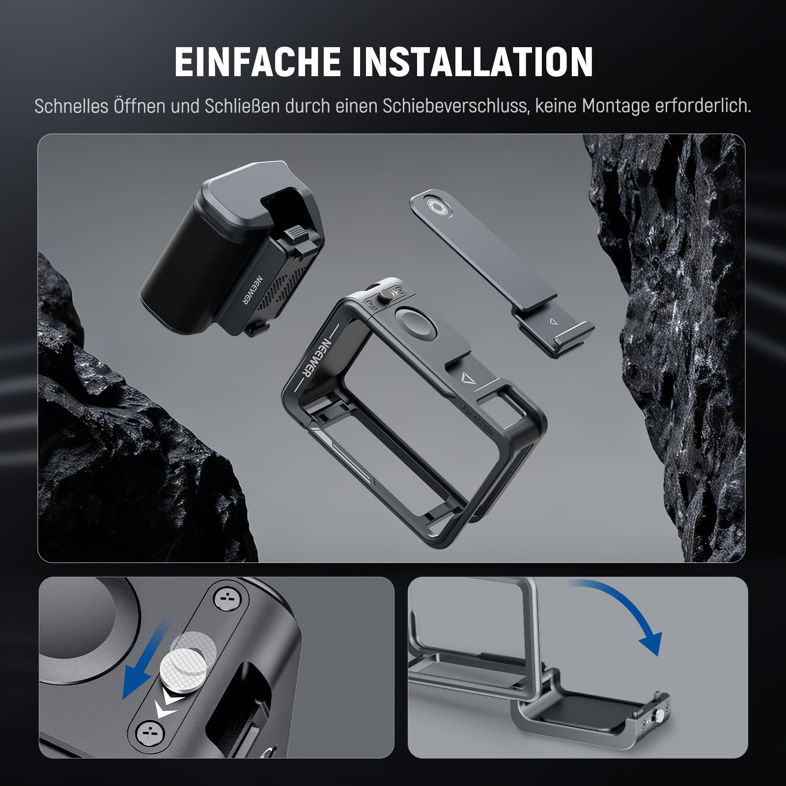 NEEWER Cage und Side Handle Set kompatibel mit DJI Osmo Action 5 Pro / 4/3, Schutzvorrichtung aus Metall mit magnetischer Adapterhalterung, Cold Shoe Shutter Extender Bar, dunkelgrau, AC014+AC034