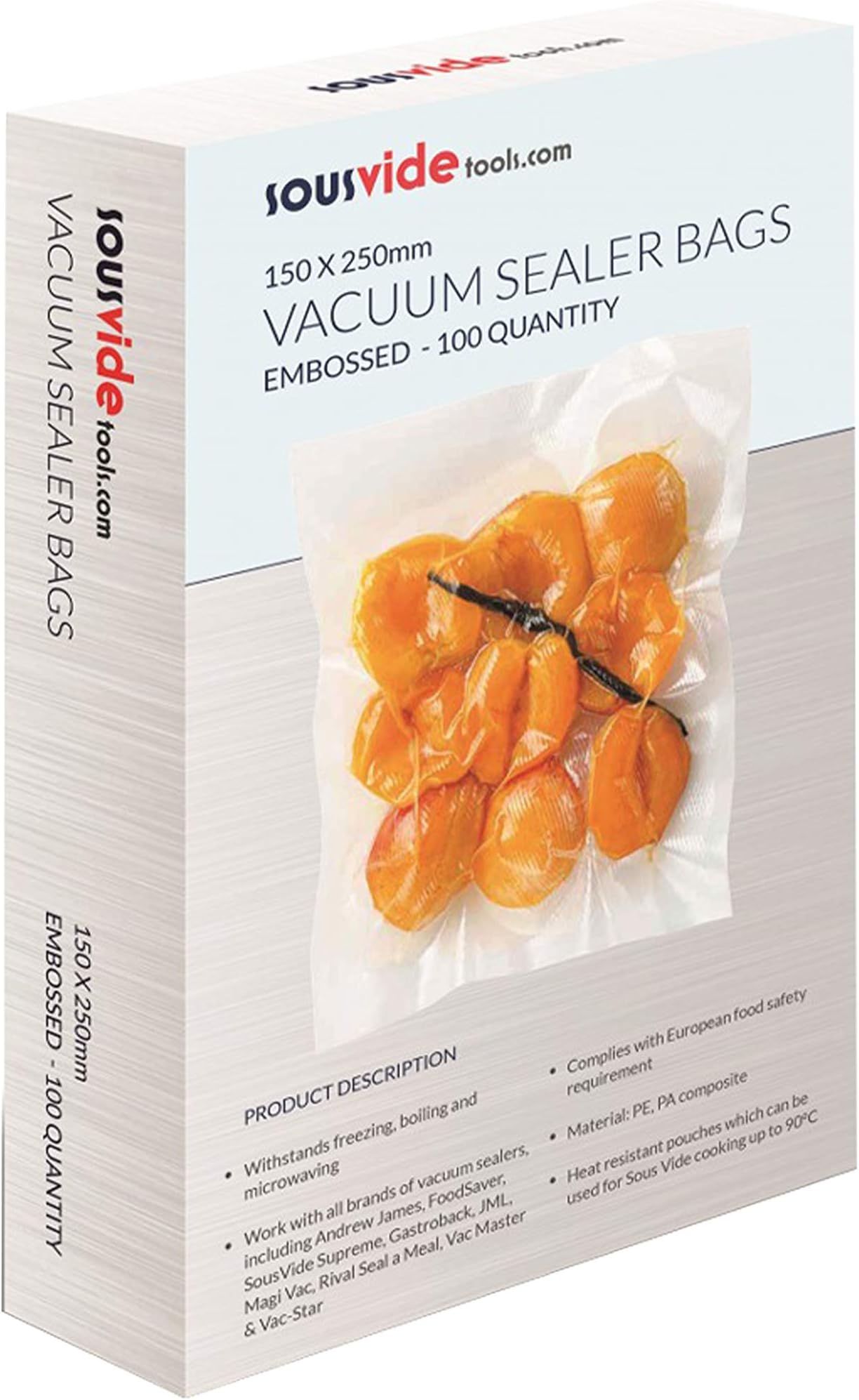 Vacuum Sealer Bags | Pack of 100 | 15cm x 25cm | Embossed Food Storage | Sous Vide Cooking, Freezing & Microwaving | [SVT-06001]
