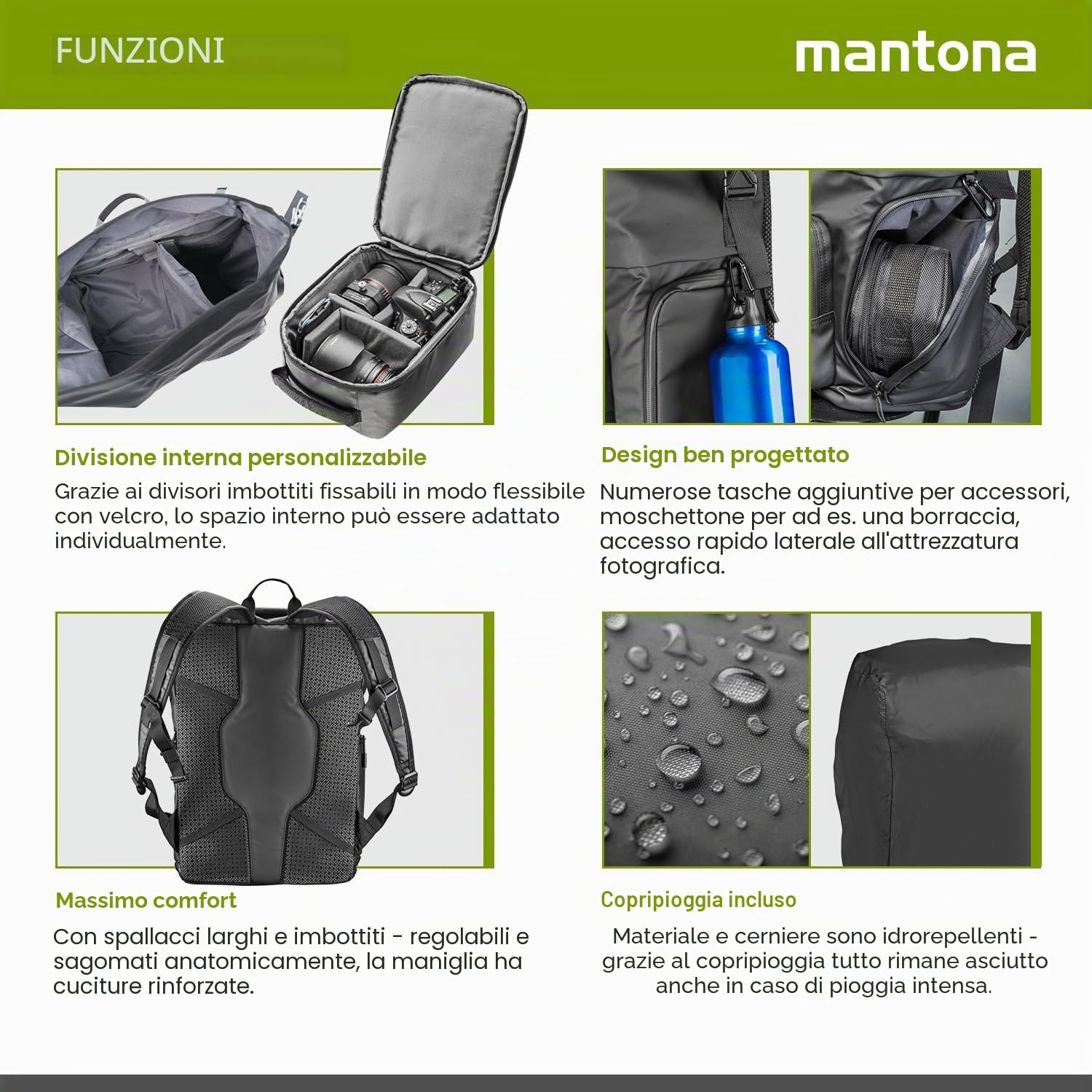 MANTONA Zaino per fotocamera SLR DSLR in materiale impermeabile con accesso rapido e chiusura a strappo