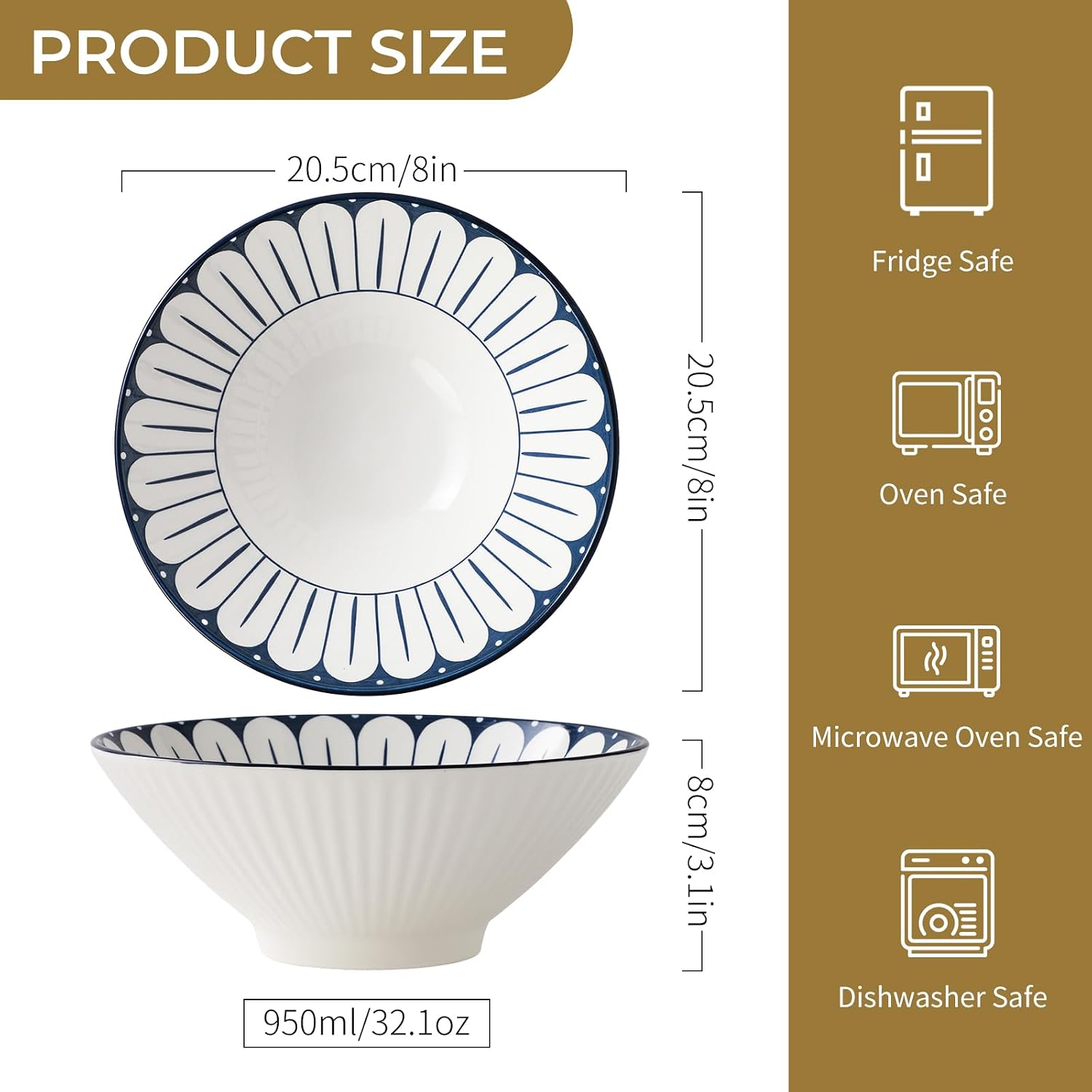 8 Inch Ramen Bowls Set of 4, 38oz Large Pho Bowls,Ceramic Large Soup Bowls image 2