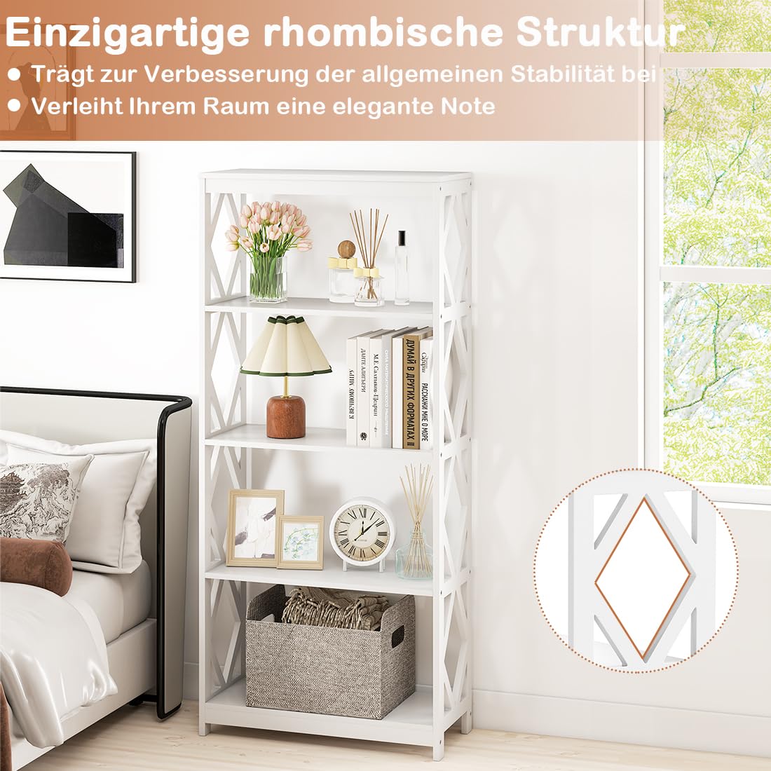 COSTWAY 5-stöckiges Bücherregal, offenes Holzregal mit rhombischer Struktur, Standregal weiß, freistehendes Aufbewahrungsregal für Küche, Wohnzimmer & Schlafzimmer, 70 x 30 x 155 cm