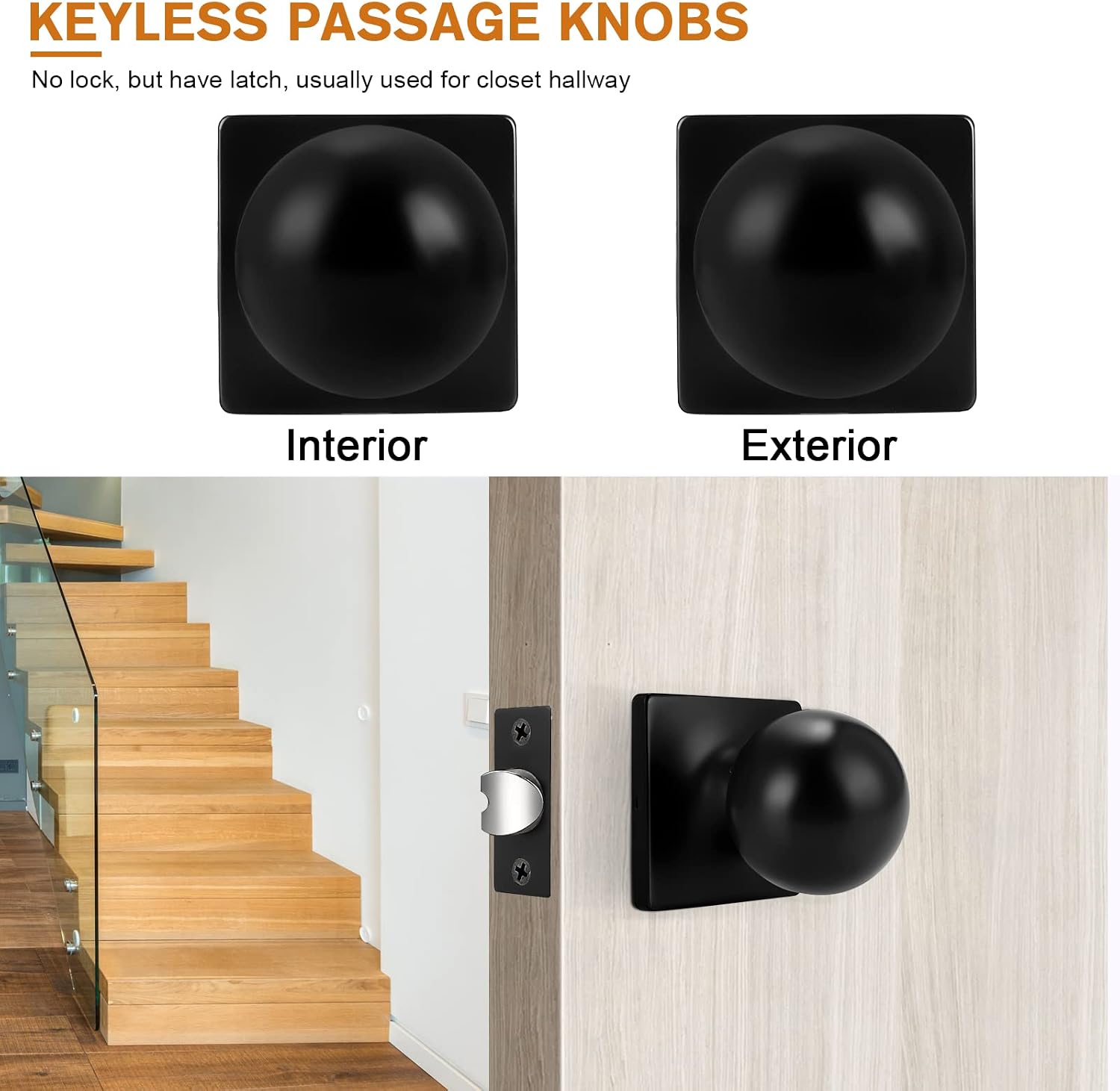 Probrico Round Black Passage Door Knobs Interior Door Handles for Hallway Closet, Keyless Passage Door Handles with Square Rosette, 5 Pack