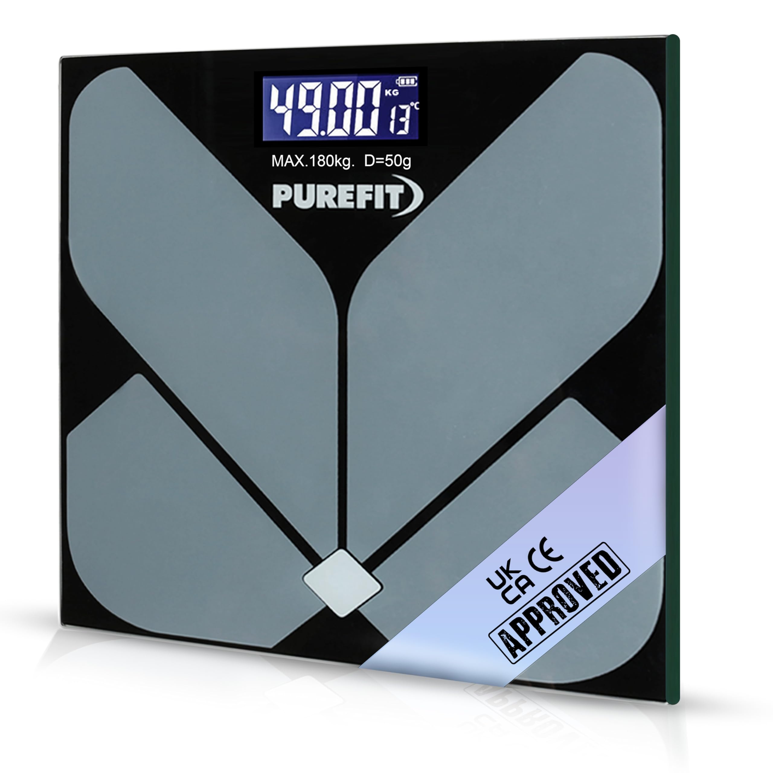 PUREFIT Digital Bathroom Scales for Body Weight - Ultra Slim Weighing Scales with High Precision Sensors, LED Display, Tempered Glass & Step-On | 2XAAA Batteries Included LB/KG/ST Max Weight 180KG
