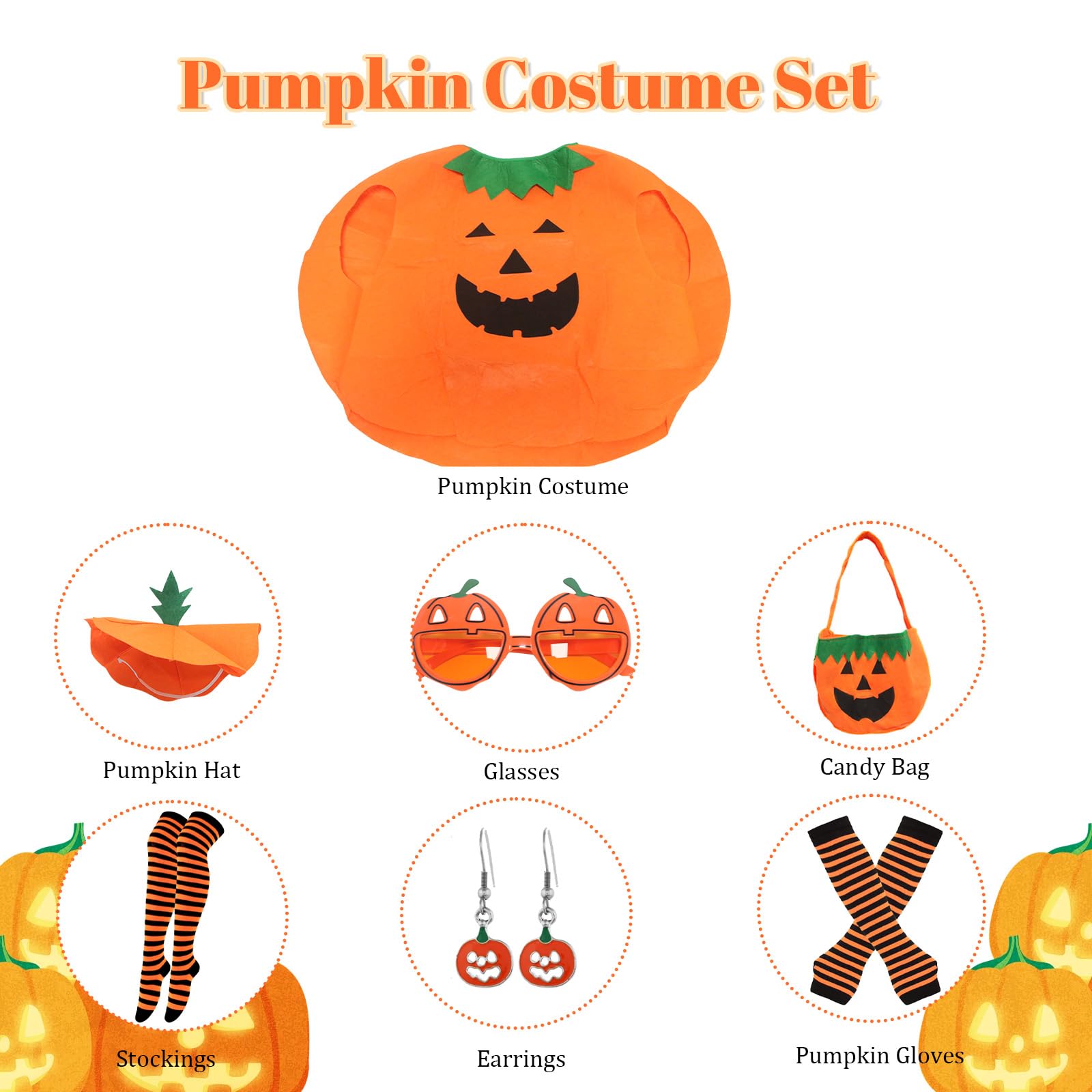 MAINOSHY Halloween Pumpkin Costume with Pumpkin Hat Candy Bag Striped Tights Stockings Striped Gloves Halloween Party Fancy Dress Clothes Outfits for Halloween Dress Up Party - Image 3