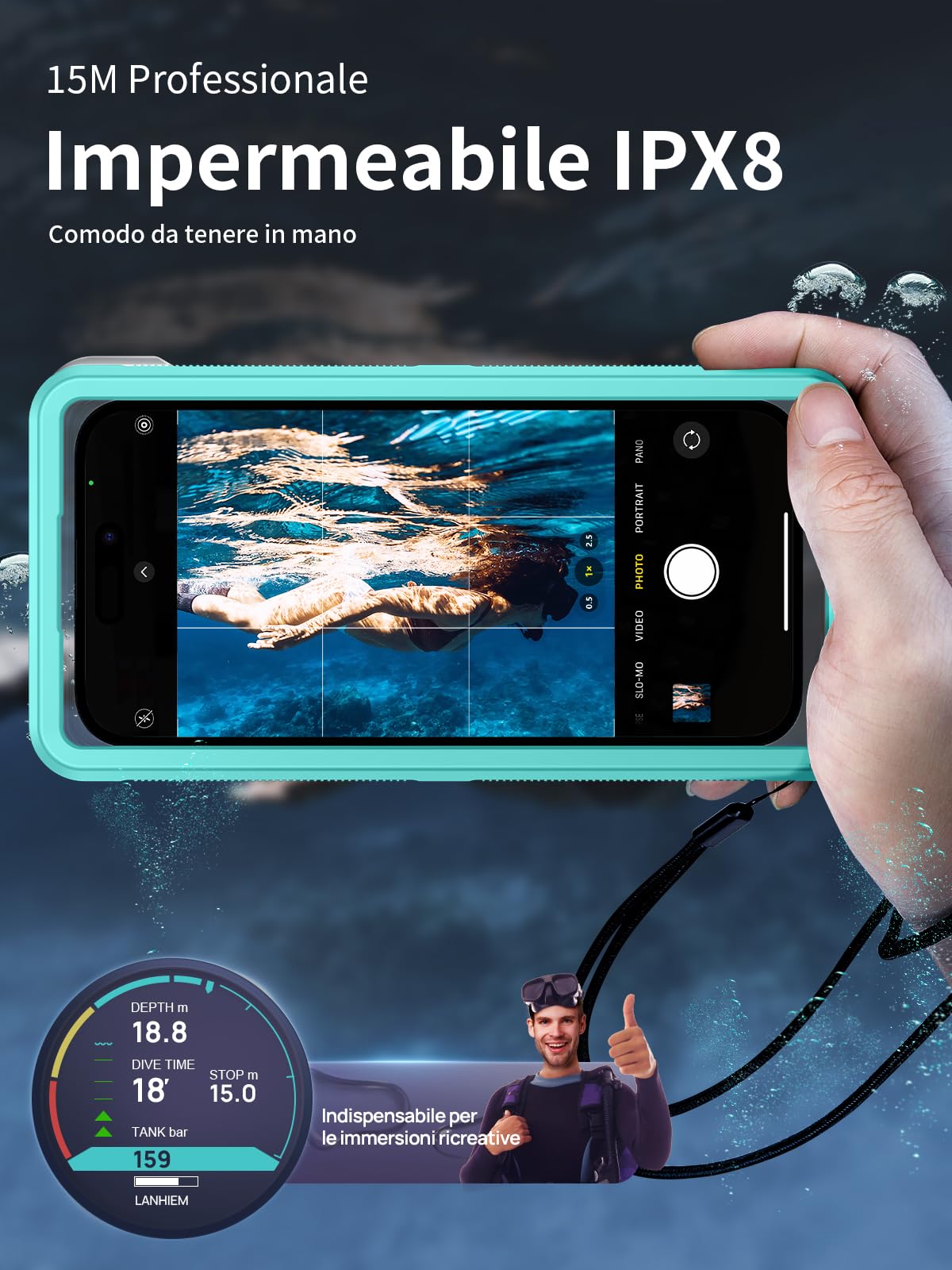 Custodia Impermeabile 15M Smartphone [Universale] IPX8 Cover Subacquea Professionale [Touchscreen Subacqueo] Asciutta Borsa per iPhone Samsung Galaxy Huawei XiaoMi Oppo Vivo 4.7-6.9'' Blu