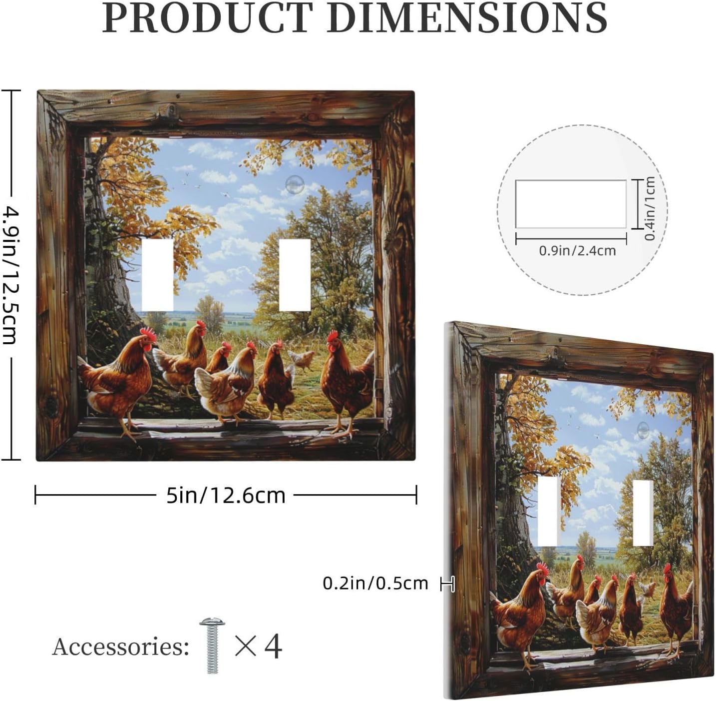 Decorative Switch Covers Plate Wooden Window Rooster Rural Scenery 2 Gang Wall Plate Oversized Double Toggle Light Switch Plate Wall Cover Plate Faceplate for Bedroom Home Decor
