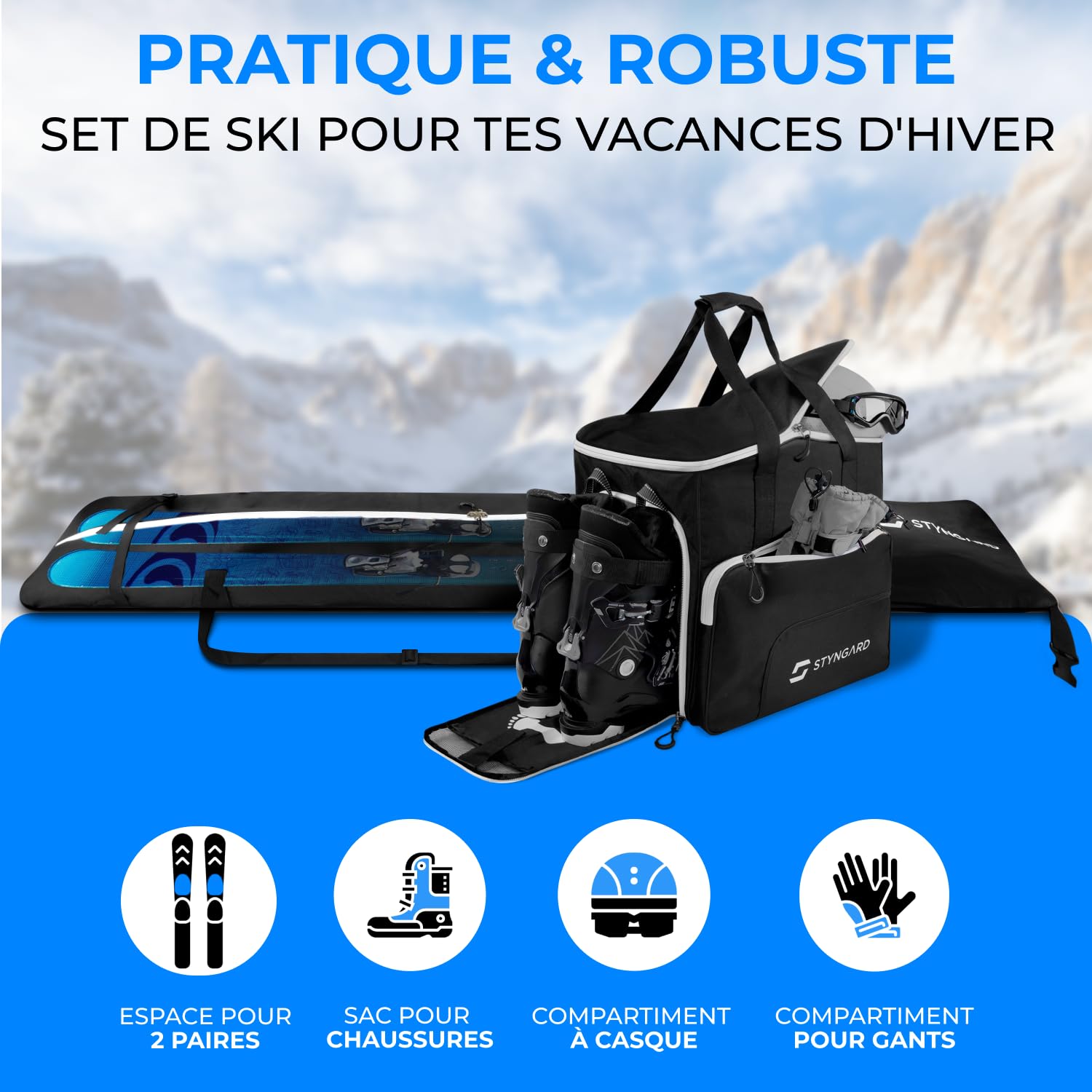 STYNGARD Set Double Sac de Ski pour 2 Paires de Skis [140 cm à 200 cm] et Sac à Chaussures de Ski avec Compartiment pour Casque [54 L] Modèle Salzburg