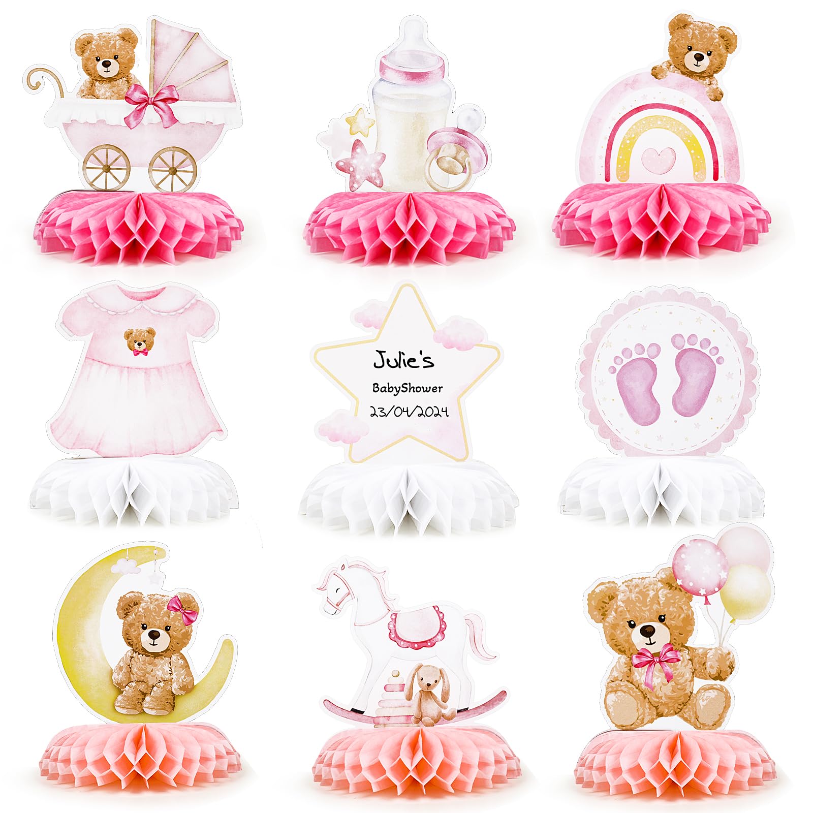 Centrotavola Per Battesimo Bambina Con Palloncini Rosa E Argento - Scrivibile, Doppia Faccia, Decorazione Festa - Foto 4