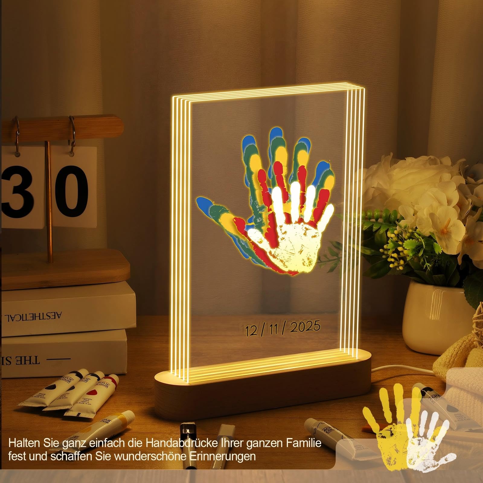 Set Impronte Mani Famiglia per 5 Persone Cornice Portafoto con Luce Notturna a LED Set Impronte Mani e Piedi Cornici Portafoto Regalo per la Festa della Mamma la Festa del Papà Coppie Famiglie