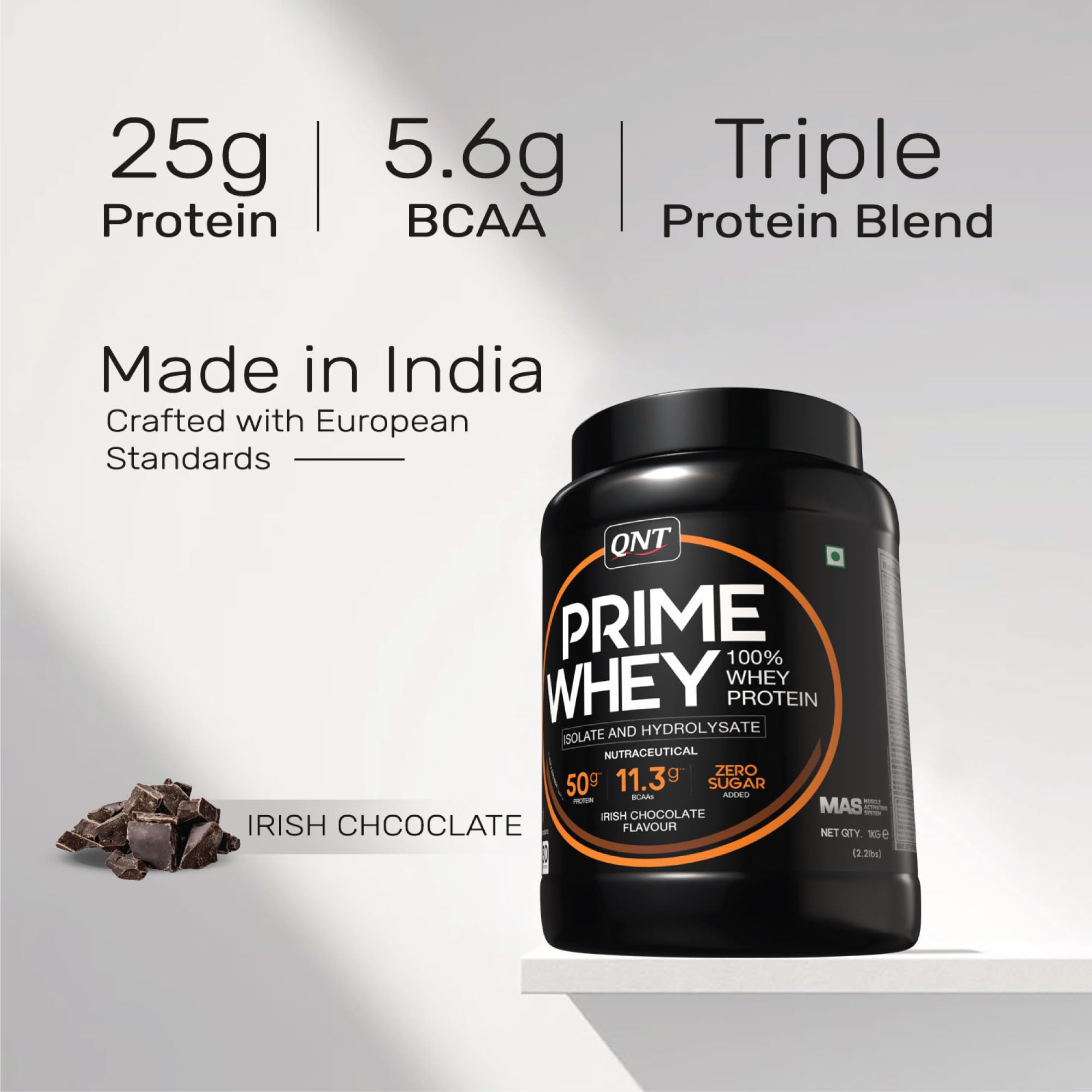 QNT Prime Whey Protein Powder – Irish Chocolate | 25g Protein Per Scoop | Whey Isolate, Concentrate & Hydrolysate Blend | 30 Servings | Muscle Growth, Recovery & Strength | 1kg — Amazon image 5