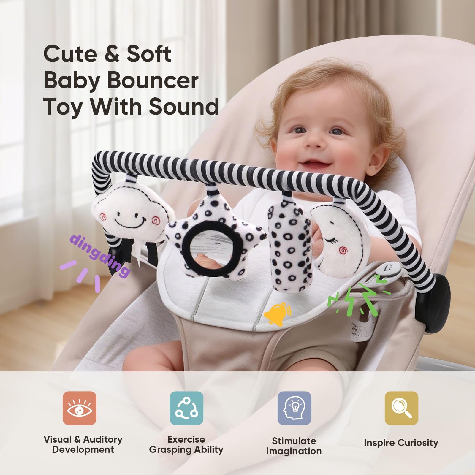 TinlyFinly Baby Bouncer Toy Bar Soft with 4 Hanging Sensory Toys Attachment, Compatible with Baby Bjorn Bouncer, with Mirror, Rattle, Crinkle Sound for Babies All Ages (Black and White Shapes) - 3