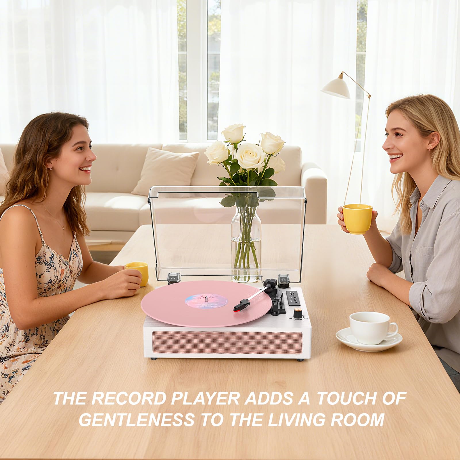 VINYLS LINK Giradischi in vinile con altoparlanti, giradischi Bluetooth con modalità EQ e display LED, giradischi vintage rosa, giradischi a 3 velocità per dischi in vinile, registrazione USB
